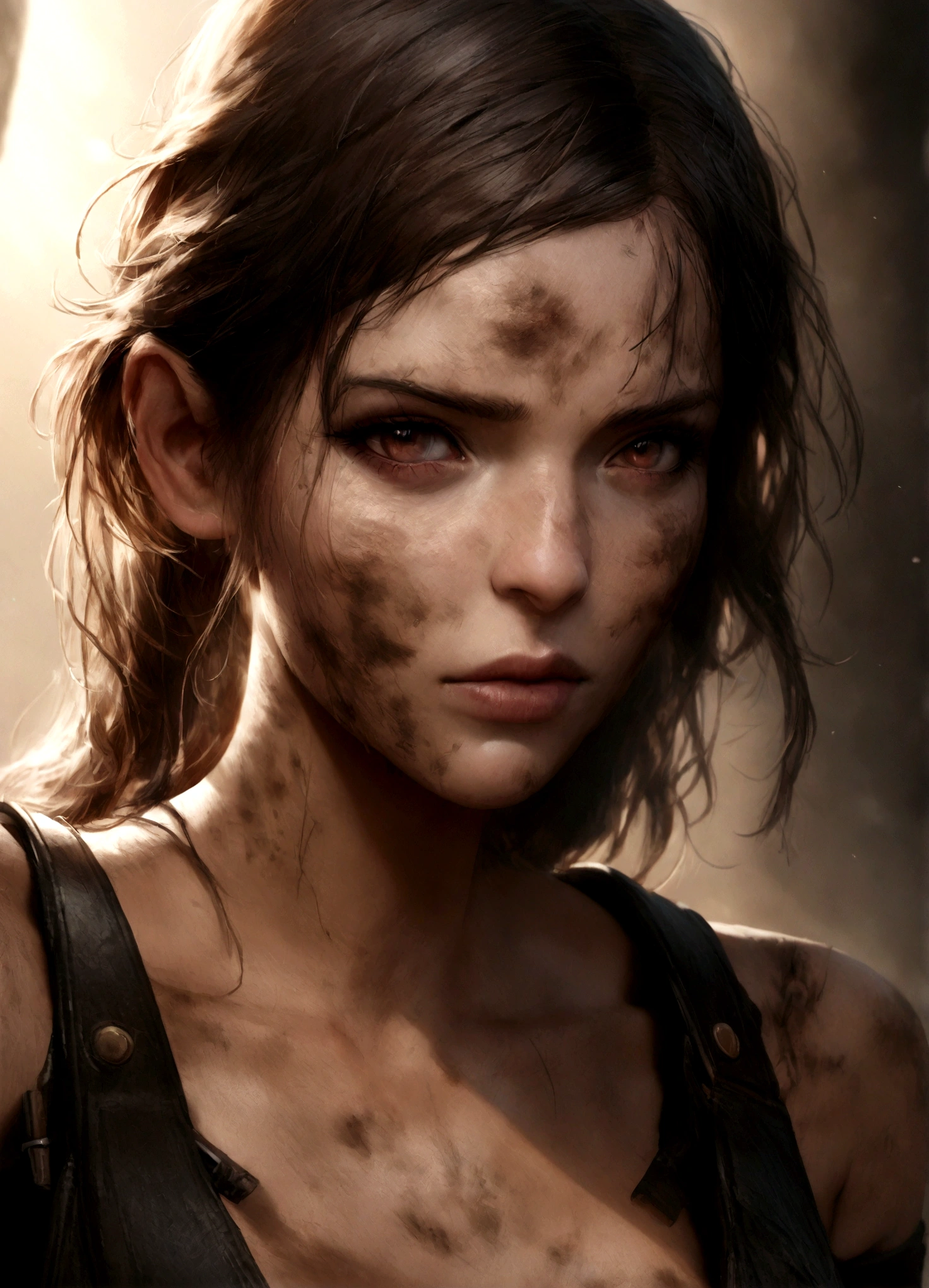 A realistic close-up photo of Lara Croft from the Tomb Raider games, with a dirty, wounded, and disheveled appearance, raw and unedited, with a shallow depth of field creating a focus on the face.