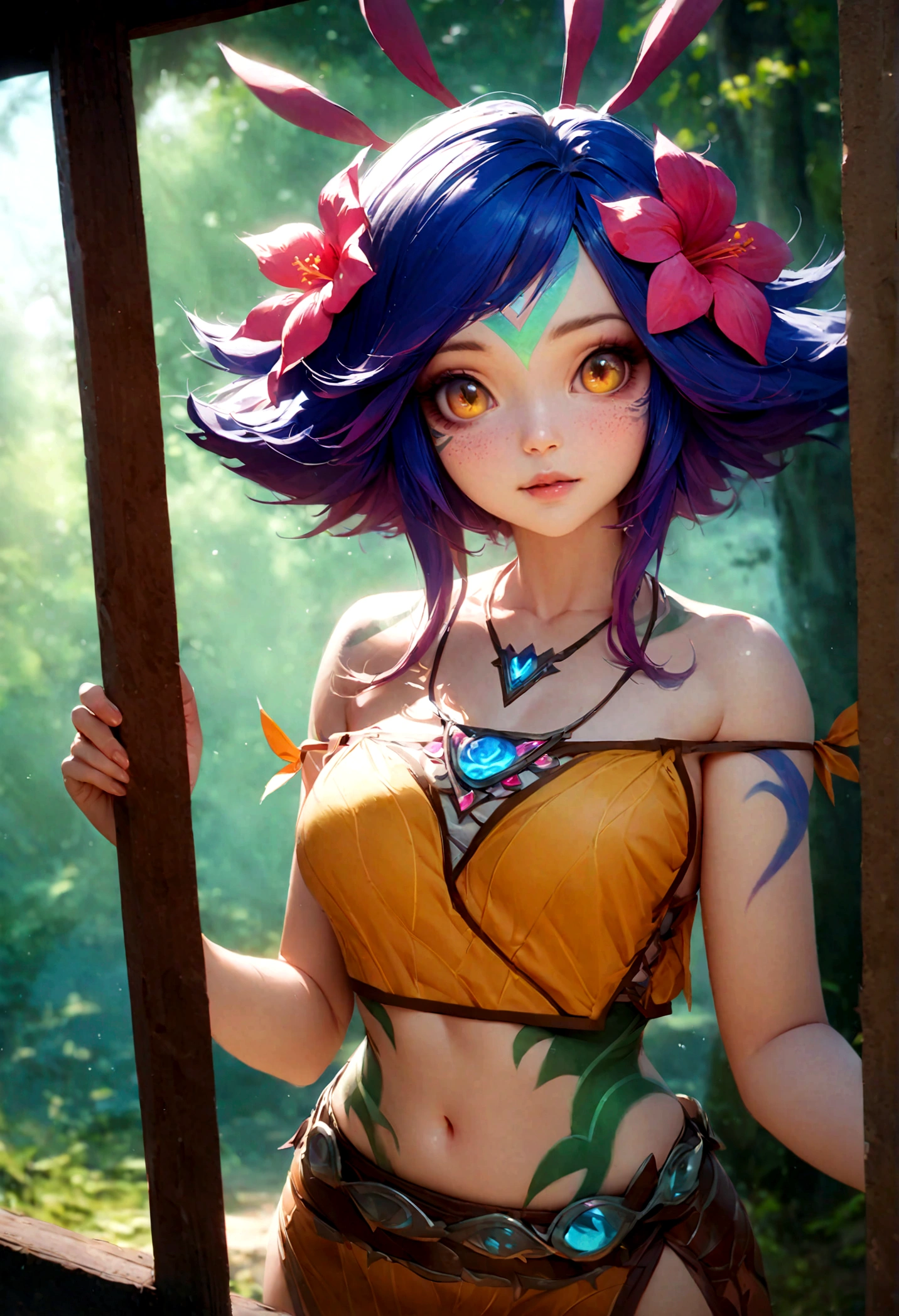 masterpiece,(best quality,top quality,8k),ultra detailed,illustration,painting,detailed eyes and face,(1girl),neeko, multicolored hair,(short hair), facial mark, forehead mark, hair ornament, hair flower, necklace,brown crop top,(puffy eyes),good contrast , high sharpness,(gorgeous),realistic,RAW Photography,(hyperdetailed:1.2)