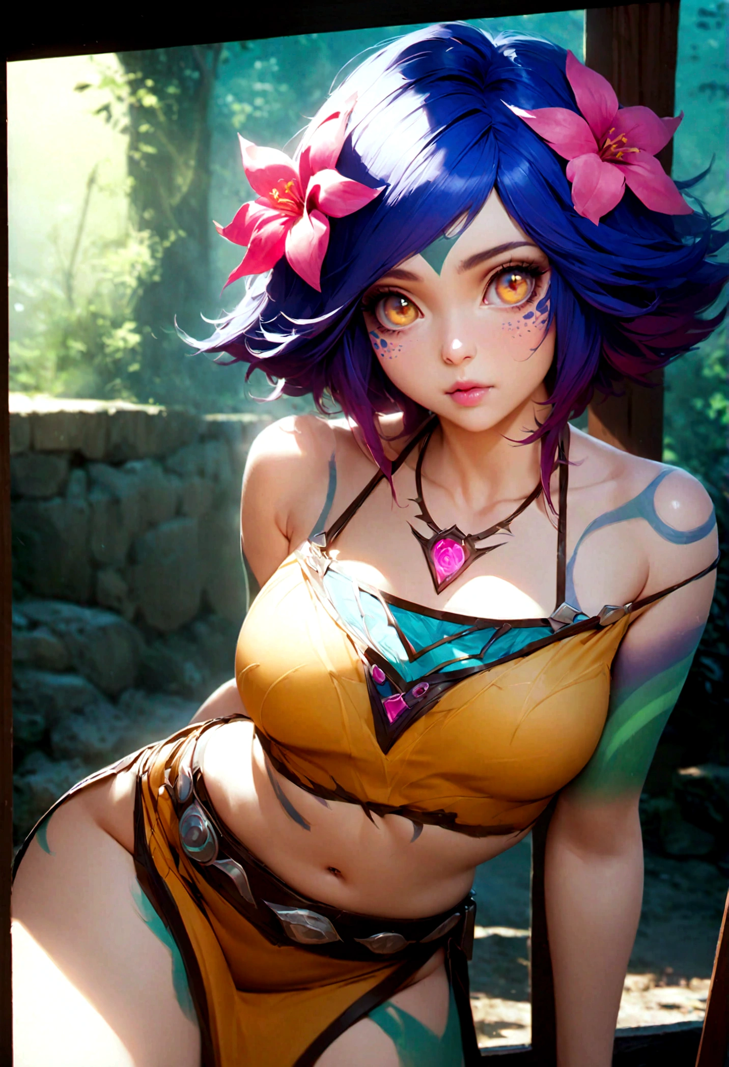 masterpiece,(best quality,top quality,8k),ultra detailed,illustration,painting,detailed eyes and face,(1girl),neeko, multicolored hair,(short hair), facial mark, forehead mark, hair ornament, hair flower, necklace,brown crop top,(puffy eyes),good contrast , high sharpness,(gorgeous),realistic,RAW Photography,(hyperdetailed:1.2)