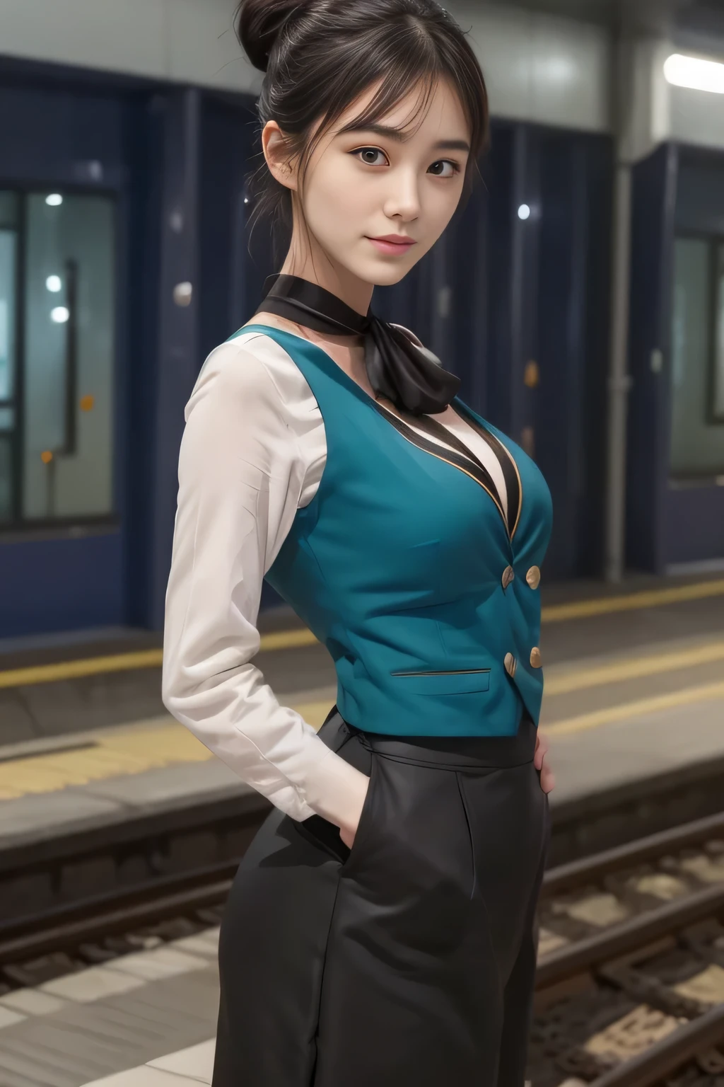 (masterpiece:1.2, highest quality:1.2), 32K HDR, High resolution, (alone、1 girl)、（At the station platform、Professional Lighting）、Background of an empty station platform、（Nankai Train crew uniformを着たリアルスタイル）、（Green vest、A long-sleeved collarless blouse、Scarf around the neck、black culotte skirt）、Dark brown hair、（Hair tied up、Hair Bun、Hair Bun）、Dark brown hair、Long Shot、Big Breasts、Thin legs、（（Great hands：2.0）），（（Harmonious body proportions：1.5）），（（Normal limbs：2.0）），（（Normal finger：2.0）），（（Delicate eyes：2.0）），（（Normal eyes：2.0））)、smile、Beautiful back view,Place your hands around your stomach