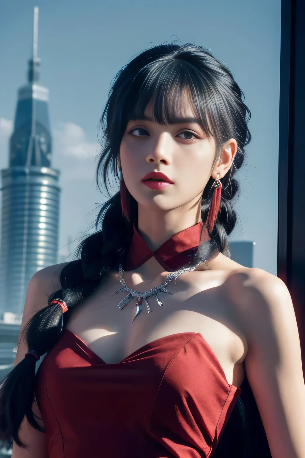 vibrant colors, female, masterpiece, sharp focus, best quality, depth of field, cinematic lighting, white hair, red eyes, braid, dress, long hair, red eyes, tattoo, earrings, jewelry, black dress, hair ornament, bangs, chinese clothes, breasts, china dress, sleeveless,