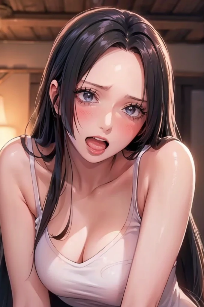 (((masterpiece))), (((best quality))), ((ultra-detailed)), (highly detailed CG illustration), Boa Hancock, , (masterpiece:1.5), Detailed Photo, Smiling, Sexy, (Best Quality: 1.4), (1girl), Beautiful Face, (Black Hair, long Hair: 1.3), Beautiful Hairstyle, beautiful detail eyes, (realistic skin), beautiful skin, absurd, attractive, ultra high resolution, high definition, (sexually aroused:1.5), Pinkish white skin, cool white light, sexy pose, Beautiful , white background, pink soft white light, Wear a white dress