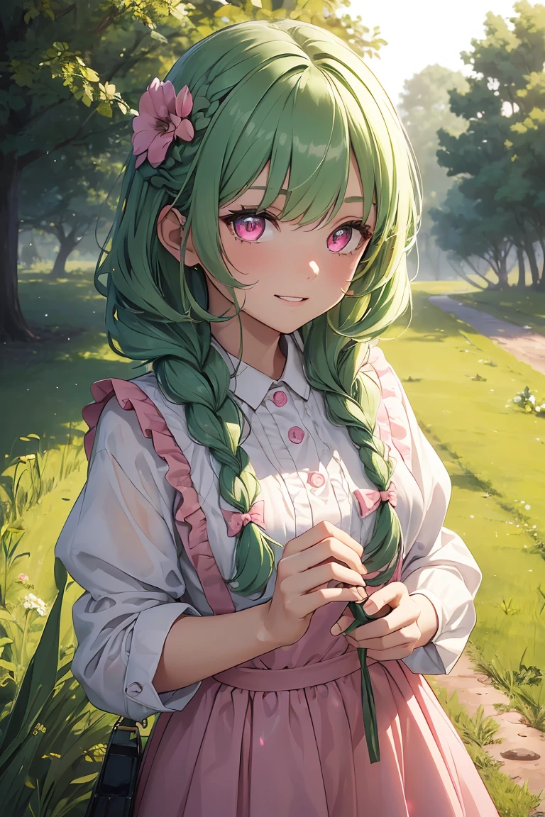 ((1 girl)), picnic, Trending clothes,Soft and fluffy, kind, Farmer, agricultural work, Rural Scenery, Cowboy Shot,((Very detailed,highest quality, High resolution, 8k wallpaper, Beautiful clothes,)),((Light green hair, Medium Hair, Loose Curly Hair, Braided hair)) , (bright yellow-green eyes), (teeth), Grinning face, eye shadow, eyeliner,Glow Eye, Very detailedな目, Sharp eyes, Beautiful Eyes, ((Glowing pink eyes)),18-year-old girl.