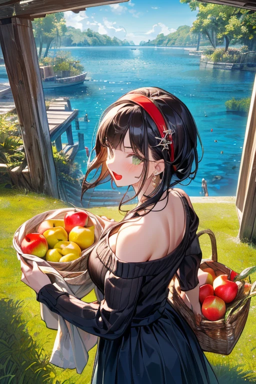 (small breasts:1.2), (perky chest:1.2), (pointed chest:1.2), (Pudding stroberry magazine cover:1.3),(from above:1.0),(from side:0.9),masterpiece, 1girl, Amazing Cleavage:1.1, thin waist, big ass, Raised sexy, posed cleavage:1.2,(perky chest:1.2), (pointed chest:1.2),(farmhouse entrance:1.3),(((Red Tunic:1.3))),(((apples and bread in the basket),Cute and beautiful girl,Cute round face,Cute smile,with blush cheeks,Red Lip, looking at viewer, open mouth, have a cute glass of beergrass,black hair, dark green eyes, deep brown public party dress, bare shoulders,collarbone, sidelocks, hairband, earrings wih safia  jewelry, outdoors, darck coller off shoulder sweater dress, arms behind back, plant, short hair with long locks, gild hairband, off-shoulder dress, sweater dress, off-shoulder sweater, black sweater, dark gord hair, big side hair, very long side hair,is rendered in (masterpiece: 1.2, best quality), with (ultra high resolution) and an exquisite (depth of field). ,(Bangs are see-through bangs),hair pin,hair adornments,detailed clothes features,Detailed hair features,detailed facial features,(Dynamic angles),(Dynamic and sexy poses),clothes that emphasize big breasts,Cinematic Light,(masutepiece,top-quality,Ultra-high resolution) ,(The 8k quality,Anatomically accurate facial structure,),(Sea Art 2 Mode:1.3),(Image Mode Ultra HD,) 
