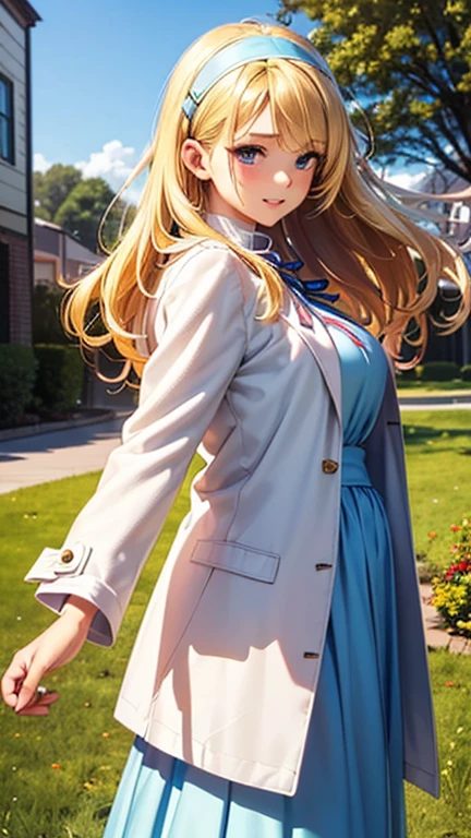 A girl is posing for a photo,pretty girl,Enchanting girl,Anime Girls,
(((One Girl,Baby Face,16 years old))),(Tree Eyes,blue eyes),

(((White long coat)), ((Long skirt:1.4、sneakers))、((Big ribbon headband))、
BREAK 

(Beautiful Hair,Shiny Hair),((Blonde)、colorful hair:1.4)、Hair blowing in the wind、Forehead、Wavy Hair、Shaggy Hair、Very long hair),

(Expression of fine eyes,Beautiful and delicate eyes,Sparkling eyes,Eye Reflexes),
(double eyelid,Long eyelashes),
(Beautiful Nose,Thin Nose),
(Glossy lips,Beautiful Lips,Thick lips),
(Symmetrical facial features,Perfect Face),(((Detailed skin,Oily skin,Textured skin,Beautiful Skin))),
break 

(smile、Embarrassed),
((noon、garden、squirt, grass)),((Walking、front view, Cowboy Shot)),
break 

(((highest quality)),((masterpiece)),((Very detailed))),((High resolution),(8k),(16k,1080p),(Anime 2D Rendering)),(Anatomically correct),
((Realistic)), (The best CG),Highly detailed art,CG illustration,
