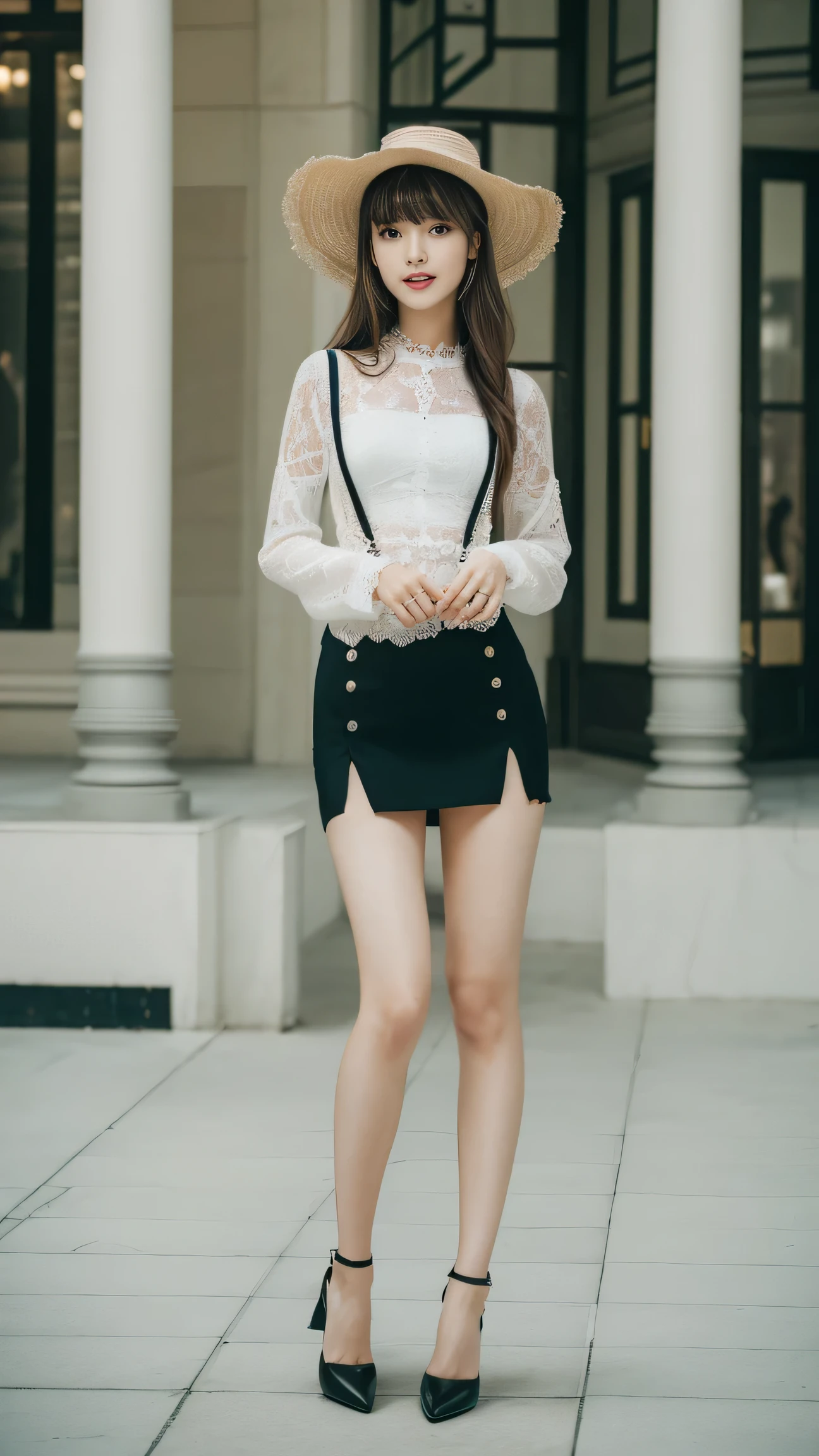 (Top quality、Ultra-high resolution、masterpiece:1.3)、(a tall and beautiful woman), Medium length bangs, Delicately moisturizes eyes, Textured Skin, best quality, 8K, Background blur, ((Thin waist, Thin thighs:1.1, Long legs)),, Natural lip color, Smile, Young woman with perfect style, daytime, You are in the city center, Small white suit, Lace suspender underwear, Black hip skirt,pointed hat,Full figure