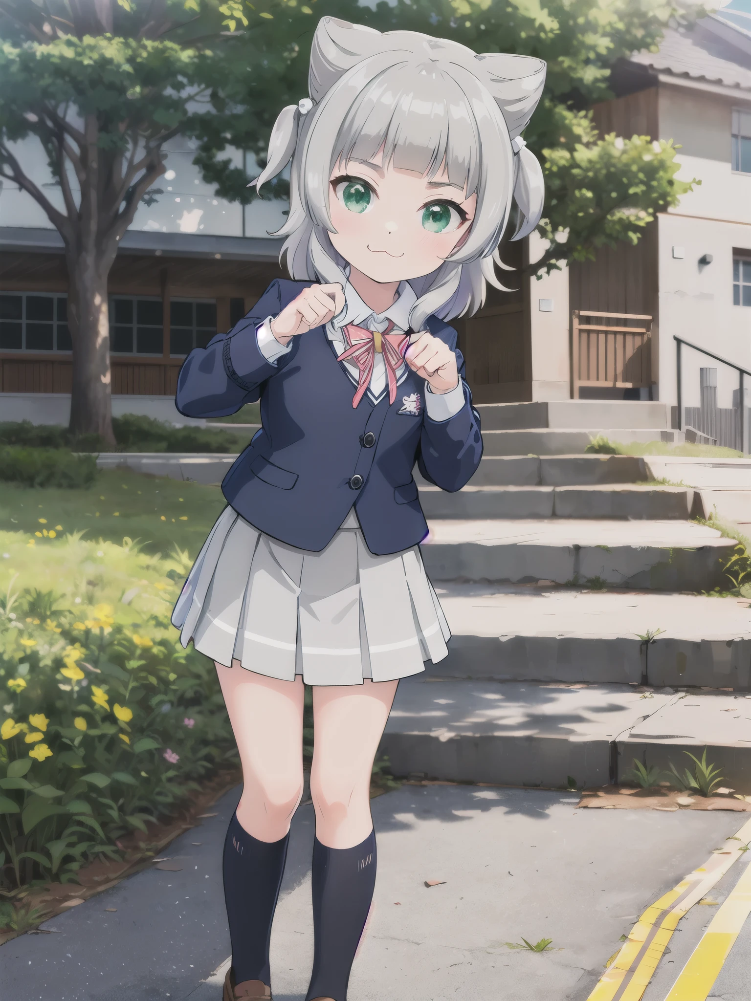masterpiece,highest quality,Green Eyes, Gray Hair,blunt bangs, Double good, Animal ears,:3,Schoolの制服,School,School building,Outdoor,Cat Pose,Open your mouth