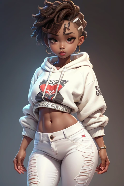An unparalleled masterpiece, Ultra Realista 8K CG | | | | | | |, Little, Perfect artwork, ((20 years of African hip hop dancer style)), Black woman slim waist, clean, Beautiful Face, {Hip Hop Style Boy Perfect Eyes} , 8K Wallpaper, {{{Master Parts}} }, 1 Boy, Brown Hair, Brown eyes, Undercut Hair, ((Wearing white pants and a sweatshirt)), Detailed lips, Facial expressions of the audience, Detailed lips, Red lips, Simple Background, alone, whole body , (Glowing Skin), Stylish clothing