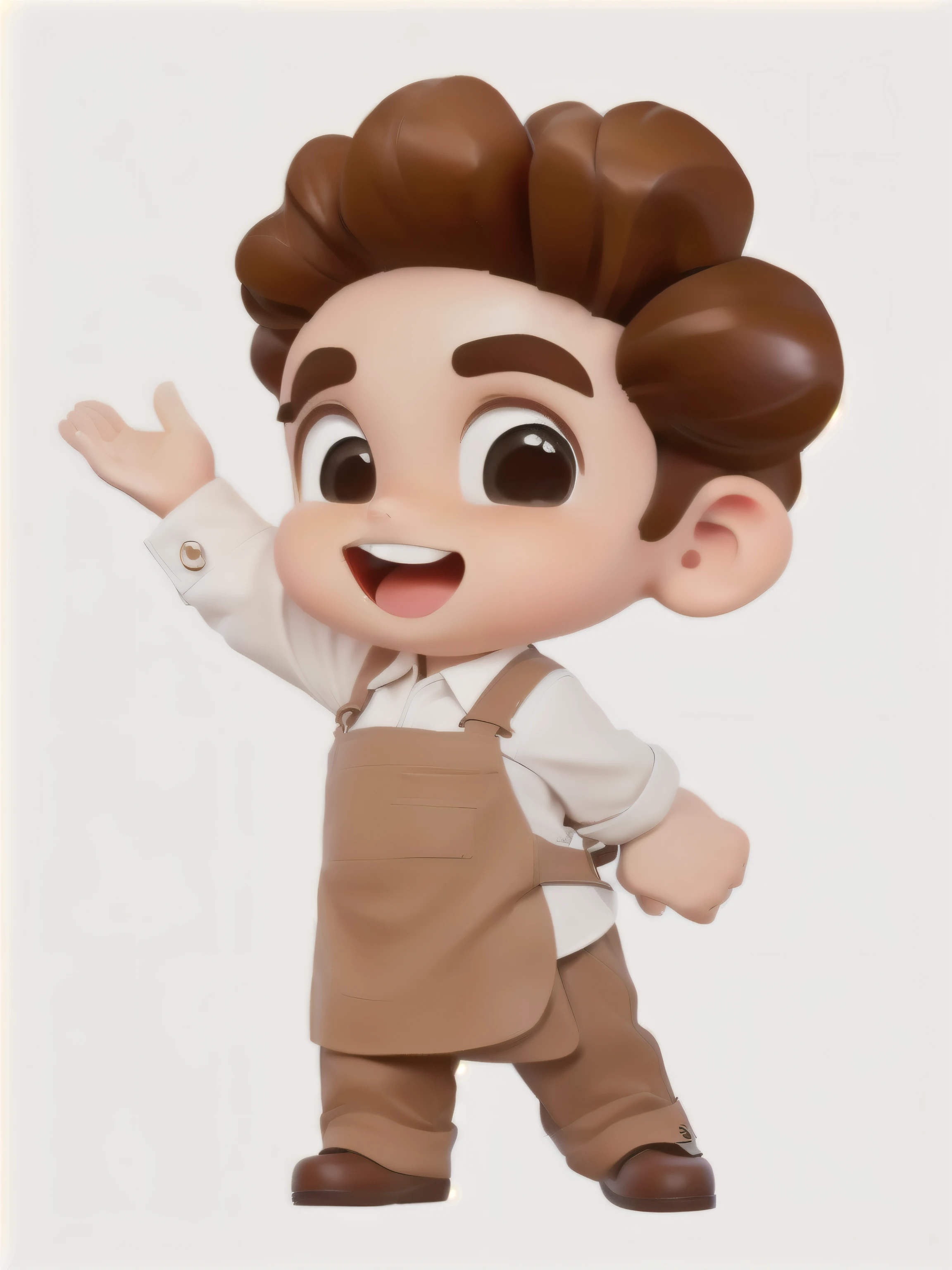 A cartoon boy wearing Brown apron and brown shoes waving,little boy，White shirt，Brown apron，Detailed Shirt，waiter，coffee maker，Hands on hips，The other hand spreads，Delicate skin，HD，leather shoes，leather shoes add shadow，Super Detail，Fingers Super Detail，Clothing details，Detail eyes，Details mouth，lol，Super cute clothes，canvas shoes，