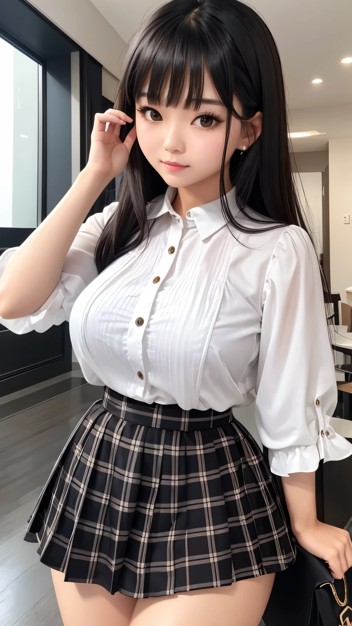 Detailed face、highlight、Asian Girl、thigh、breast enhancement、Black Hair、Heavy bangs、Checkered Skirt、White blouse、 