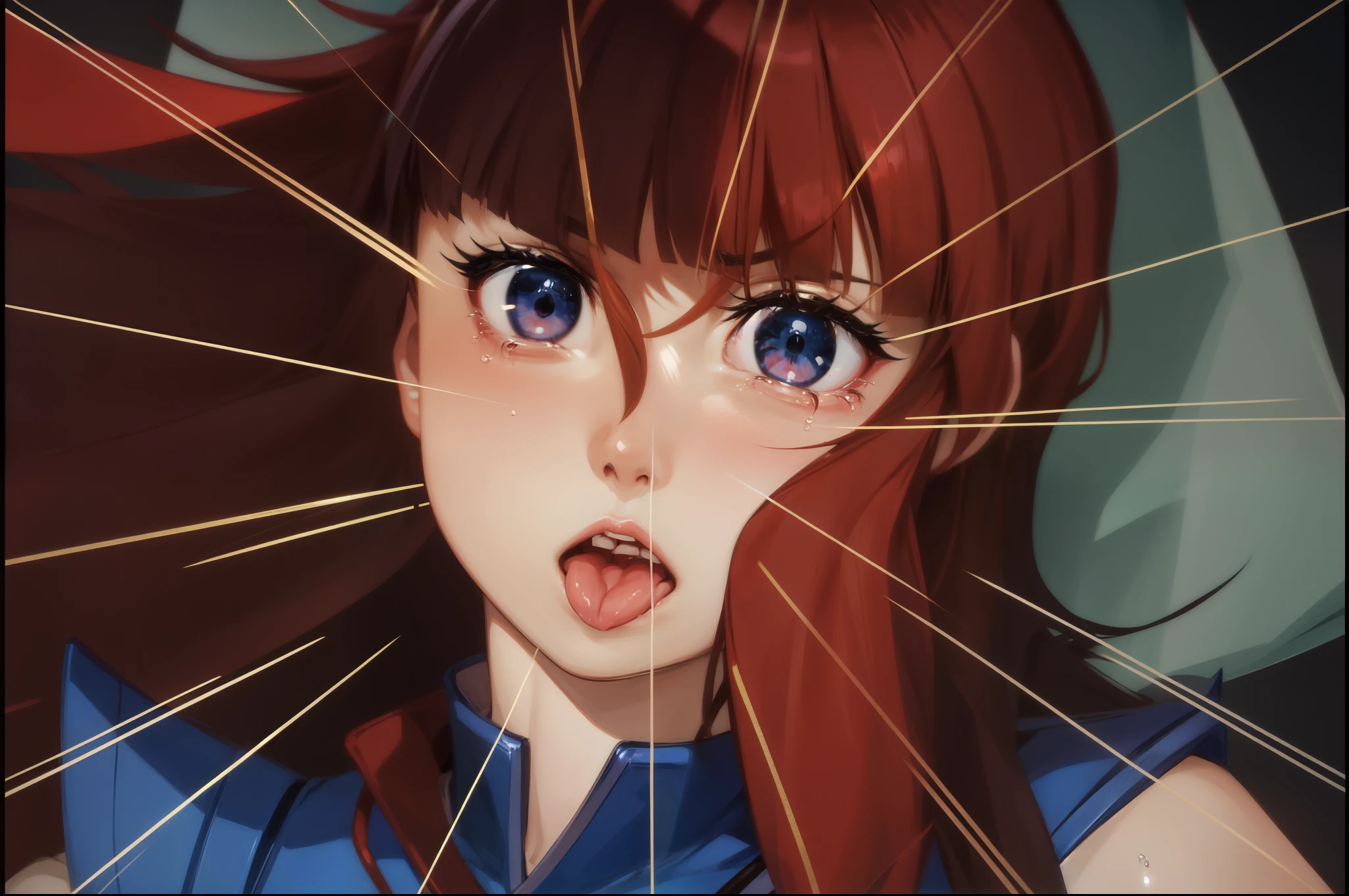 Female Combatant、Japanese girl、Close-up of a girl in a blue leotard、Blue glossy leotard、Blue knee-high boots、Yellow Globe、Saiyan Girl, wonderful, Nano Girl, Female body type, Inspired by Hiromu Arakawa, Anime Manga Robot!! Anime Girls, Fubuki, Full Body Suit, by Hiromu Arakawa、wonderful, silk, Beautiful and attractive anime teen, Anime Girls of the future, tears,Drooling,Pee,Sweat,Tongue out,incontinence,Peeing,Mouth open and tongue out,Estrus,Eyes wide open,Estrus,Blushing,Nipples are erect,Face is hot,Lust、Mouth wide open and tongue sticking out、incontinence、Crying face、Drooling、Red lips、Red tongue、Red tongueを大きく突き出している