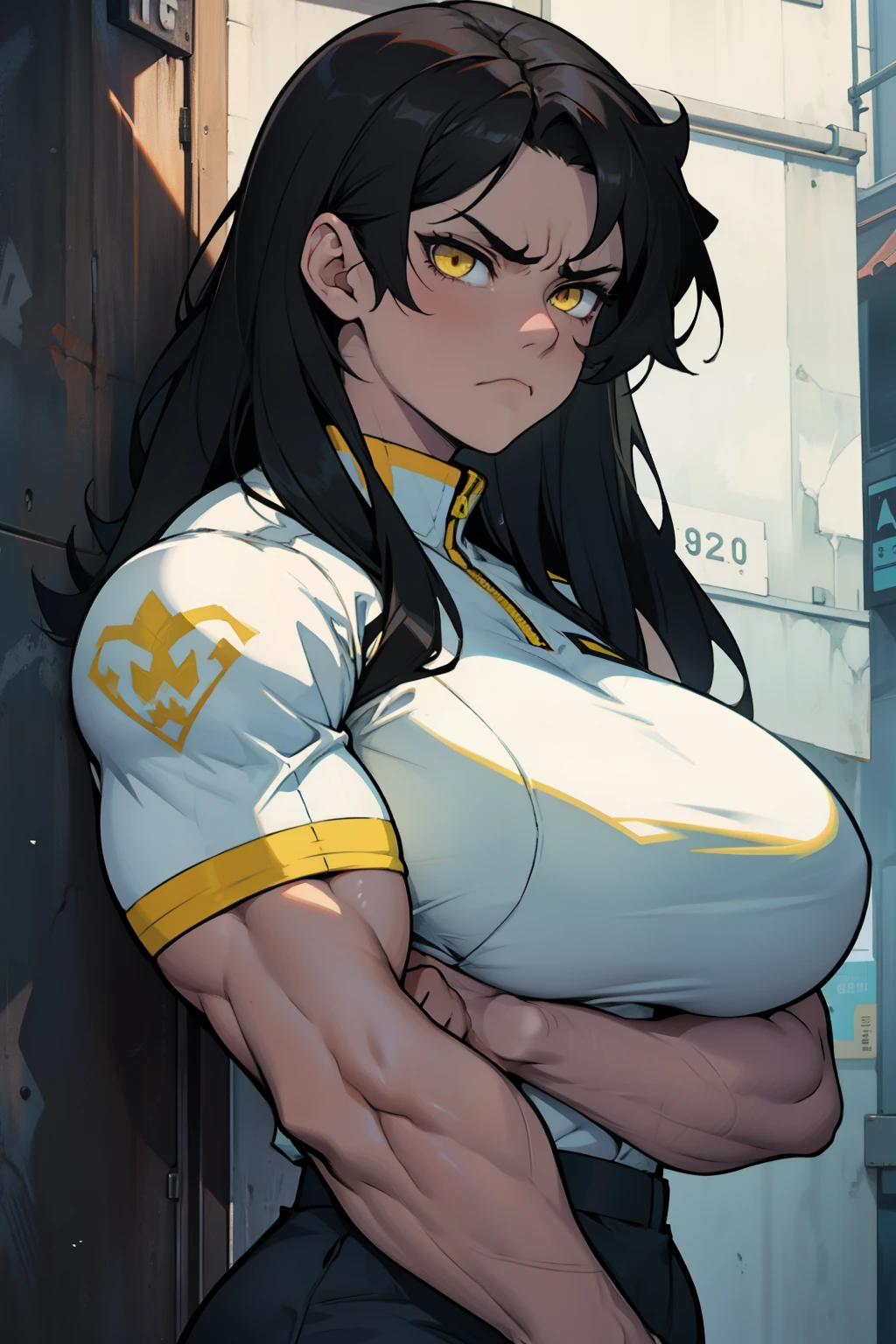 huge hair huge muscles huge breasts muscular girl pale skin black hair yellow eyes sad frown expressionless