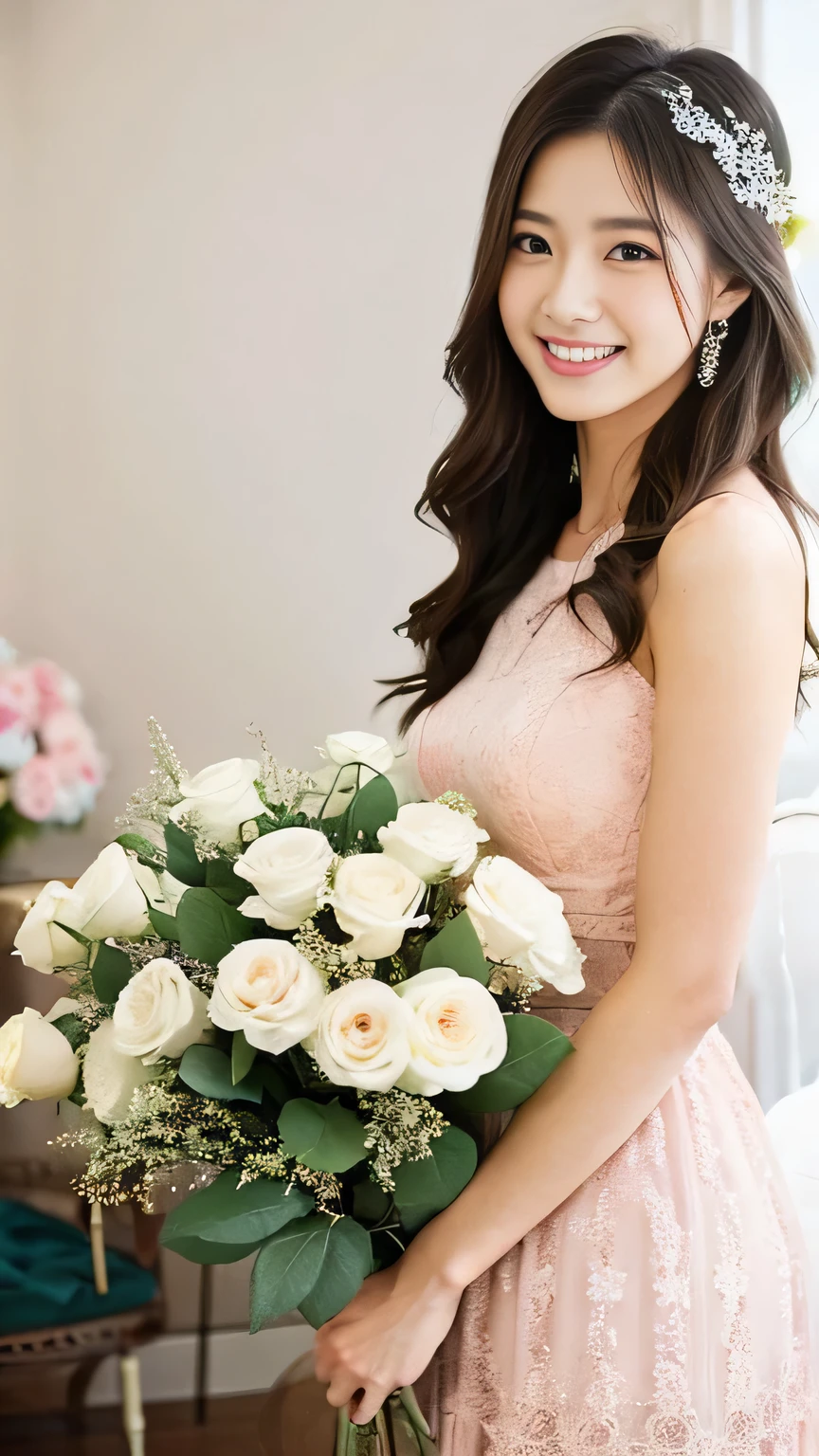 Pastel pink blooms all over the room、Pastel Blue、Pastel Yellow Roses。Among them、A woman in her early twenties wearing a long lace dress、I'm looking at you.。She appears to be smiling、It's like there's something hidden in your eyes、It exudes a mysterious atmosphere。The dress is、Made of soft chiffon material、Translucent、The lines of your body are slightly visible。The room has a large window.、The light coming from there、Women and flowers々Gently illuminating。Overall light in color、Soft and fluffy、In a dream-like atmosphere。