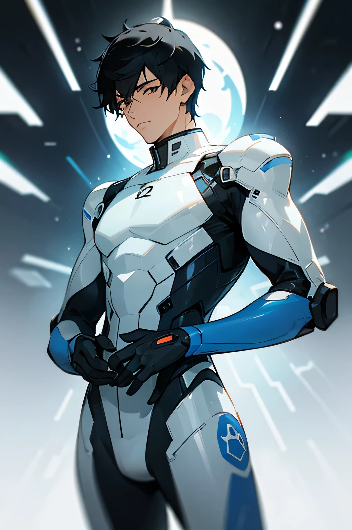 Handsome 22 year old cyborg Very short black hair future universe Science fiction The background is the galaxy universe looking at the camera White and blue armor White rubber suit Plug Suit Bulge 《Faded pastel tones Calm colors Soft shades Faded screen》
