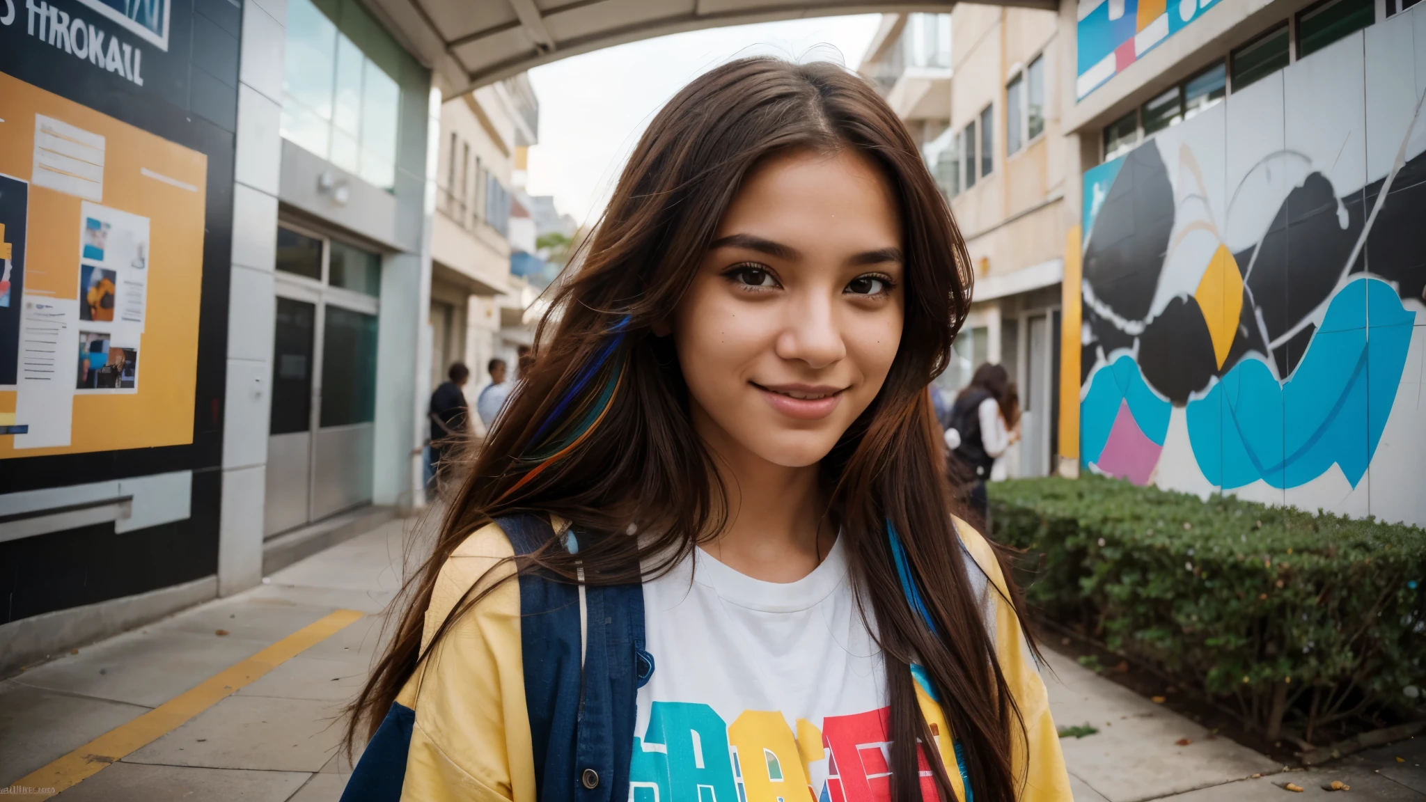 multicolored hair, crown, dashed eyes, smile, Hyperrealism, cinematic lighting, close-up, Ultra-Wide Angle, 135mm, Canon, best quality, high quality, super detail 20-year-old Brazilian student ambles through the bustling university campus. Dressed in lively attire, her carefree hair dances with the breeze. The details on her face showcase a mix of curiosity and focus. In the backdrop, murals of abstract and futuristic urban art contribute to the modern and inspiring ambiance. Engaged in conversations, she exudes a vibrant presence, navigating an academic environment that seamlessly fuses art, innovation, and learning.