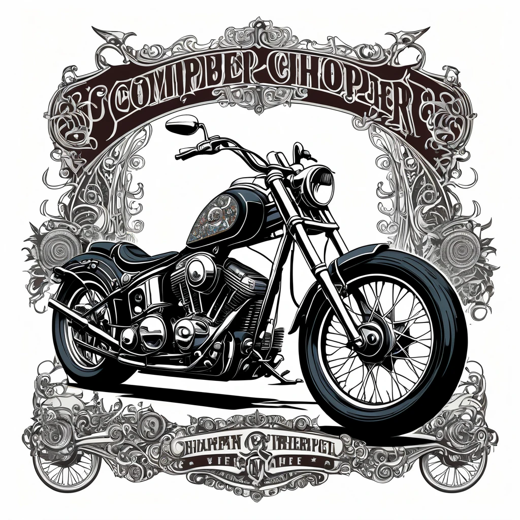 Vintage tshirt print design (on a white background:1.2), digital art of a custom vintage chopper motorcycle with gothic designs and dark color scheme, (comics style:1.2), highly detailed, 4k, masterpiece.The white background should be separated from the main image for easier removal.