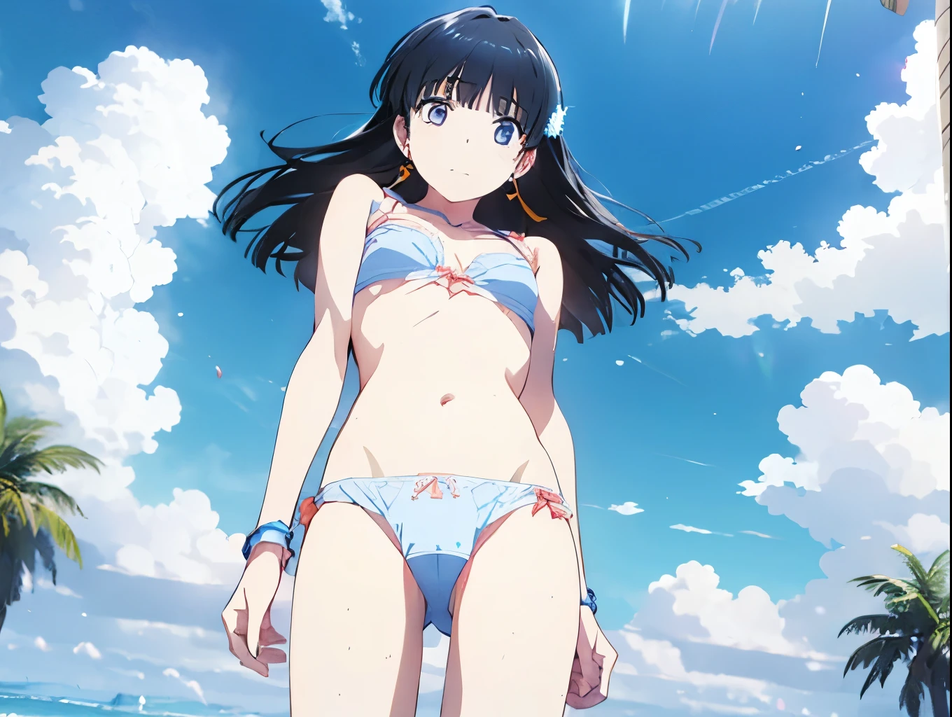 Orange cute junior bra、Orange cute thong、barefoot、Cumulonimbus cloud and blue sky