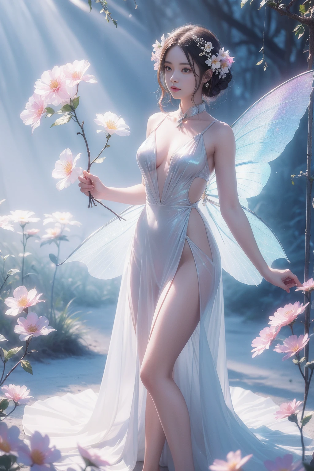 (((girl)),Long skirt,Iridescent colors,(Flower Fairy),(Rich colors),spring,Arthur effect, Transparent body, Gradient translucent glass melt, Caustics, Clear glass texture, Iridescent colors, design:Dietrams, Simple, Shining in every detail, White background, 工業design, Studio Lighting, c4d, OC Renderer, Beautiful shadows, 4K