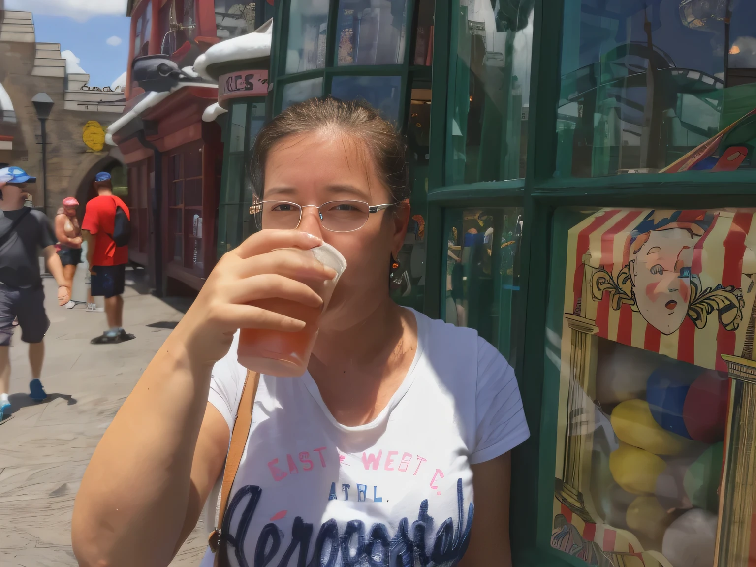 woman drinking a beer in front of a store with a carnival theme, she wears harry potter glasses, drinking a beer, holding the pint of ale, holding a beer!!, drinking a beer at train station, drinking beer, with a drink, holding a drink, drinking a strawberry iced latte, drink, 2 0 yo, 20yo, drinking