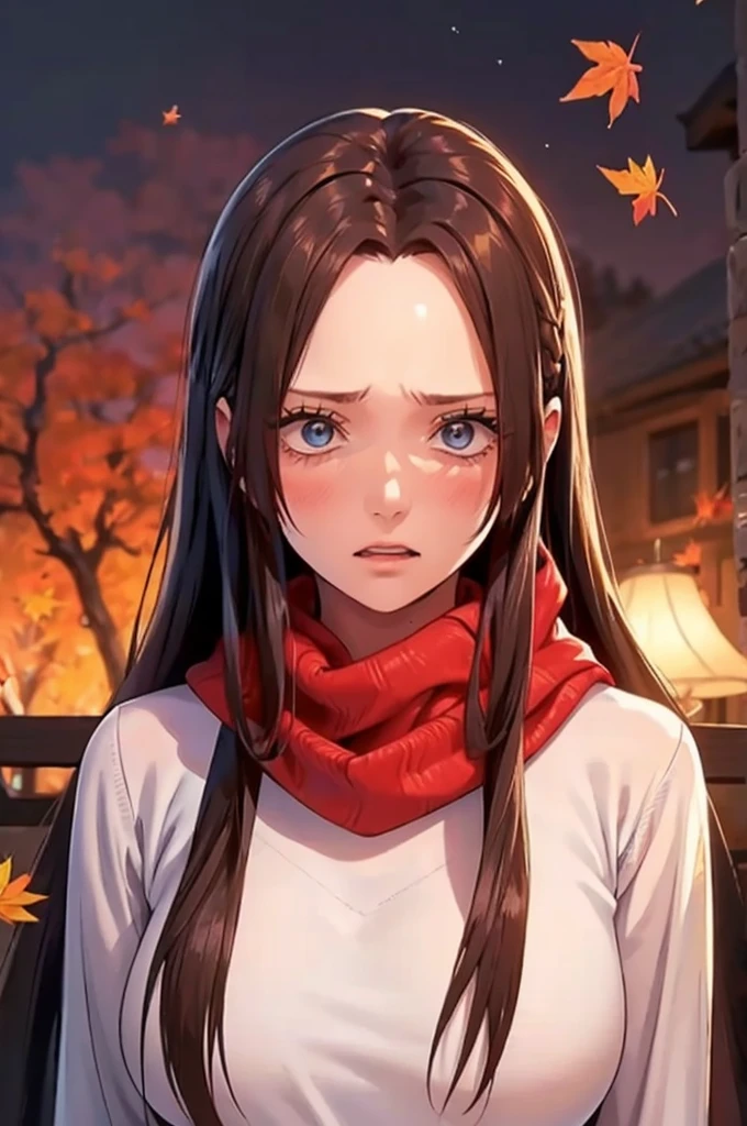 (masterpiece), best quality, ultra-detailed, illustration, warm lighting, soft lighting, bright colors, 1 girl, solo,( beautiful girl, long hair, blue eyes, ribbon, brown hair, hair between eyes, hair ribbon, sidelocks, very long hair, messy hair,) , autumn, many maple tree, maple leaves, golden leaves, fall foliage, Dried leaves, river,  crisp air,  peace, cool breeze , sweater weather,( wear white or brown sweater, red scarf, Moody fall, Wistful, Melancholy, sad ,worried, Longing,)