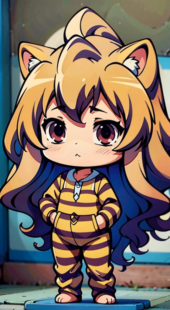 "Aisaka Taiga, a masterpiece portrait in the highest quality with absurdly detailed resolution. She is depicted as a cute chibi girl wearing a long, flowing wig. She is dressed in an adorable tiger costume or tiger-themed pajamas. Taiga is standing in a confident pose, directly facing the viewer with her captivating eyes. Her hair cascades down in luscious waves, adding to her charm. The artwork emphasizes her  figure, with a touch of flat chestedness, enhancing her endearing innocence. The overall color tone is vibrant and lively, with vivid colors to bring out the playful atmosphere. The lighting is soft, illuminating Taiga's face and features, making her the focal point of the portrait."