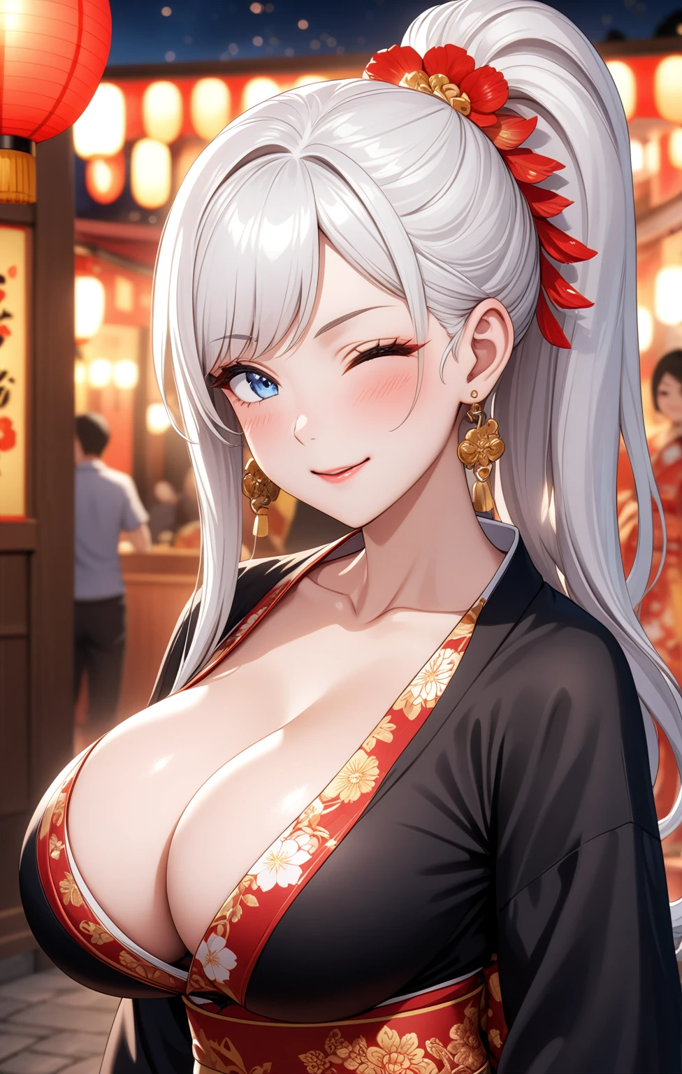 ((one personの女性)), Beautiful Face,Laugh shyly,((Wink:2.0)),Laughing with your mouth open,turn bright red,Glossy pink lips,night,Shrine festival stalls,firework,((Anime style background)),masterpiece, highest quality, so beautiful, up to date, Complex details, (Pink long nails),AI-generated, Complex,High resolution, highest quality, super high quality,3D Images、View your audience、3D Images,one person,Long white hair,High Ponytail,blue eyes,Anime woman posing for a photo, [[Fine grain、Colorful eyes、Shining Eyes:1.15]],(Squint your eyes:1.1),a hyperRealistic , hyperRealistic , Realistic,Long haired white haired anime woman, Smooth anime CG art, A woman in a colorful kimono with gold embroidery, (Black kimono),Red floral pattern,Long flower hair ornament,Big earrings,(Big Breasts:1.1),Mature Body,tall,Big Ass,Fine details,Tight waist,Abdominal muscles,(Face close-up:1.5),Tilt your face,(Look back),