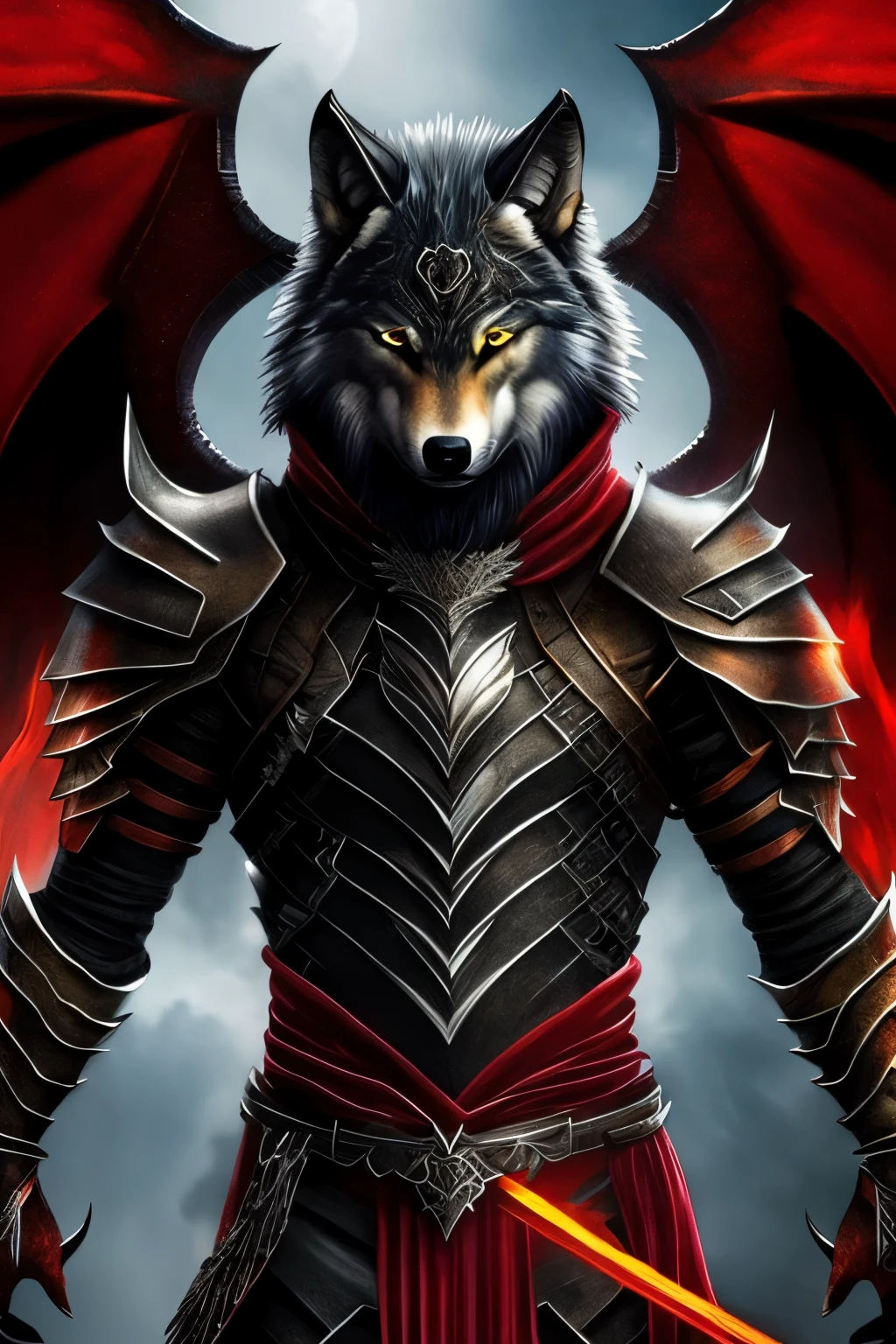 Wolf head, dragon wings,crimson armor blood ,holding a fire and electric swords eyes sparkling lightning