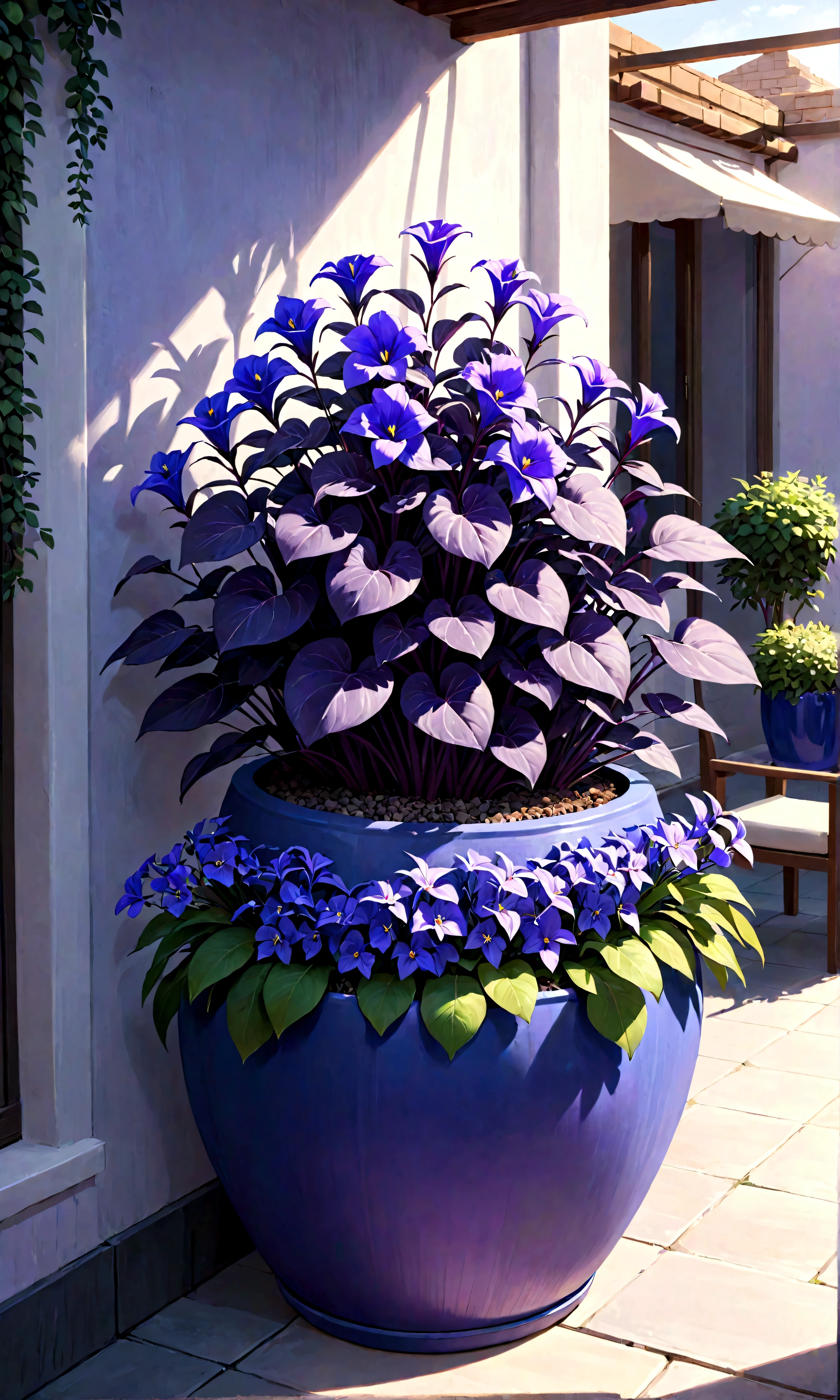 purple flowers in a pot on a patio with a blue planter, purple foliage, blue and purple plants, dark purple tones, some purple, cobalt coloration, violet, dark purple, purple, purples, purple hues, violet polsangi, second colours - purple, more dark purple color scheme, dark purple blue tones, dark purple scheme, violet colors