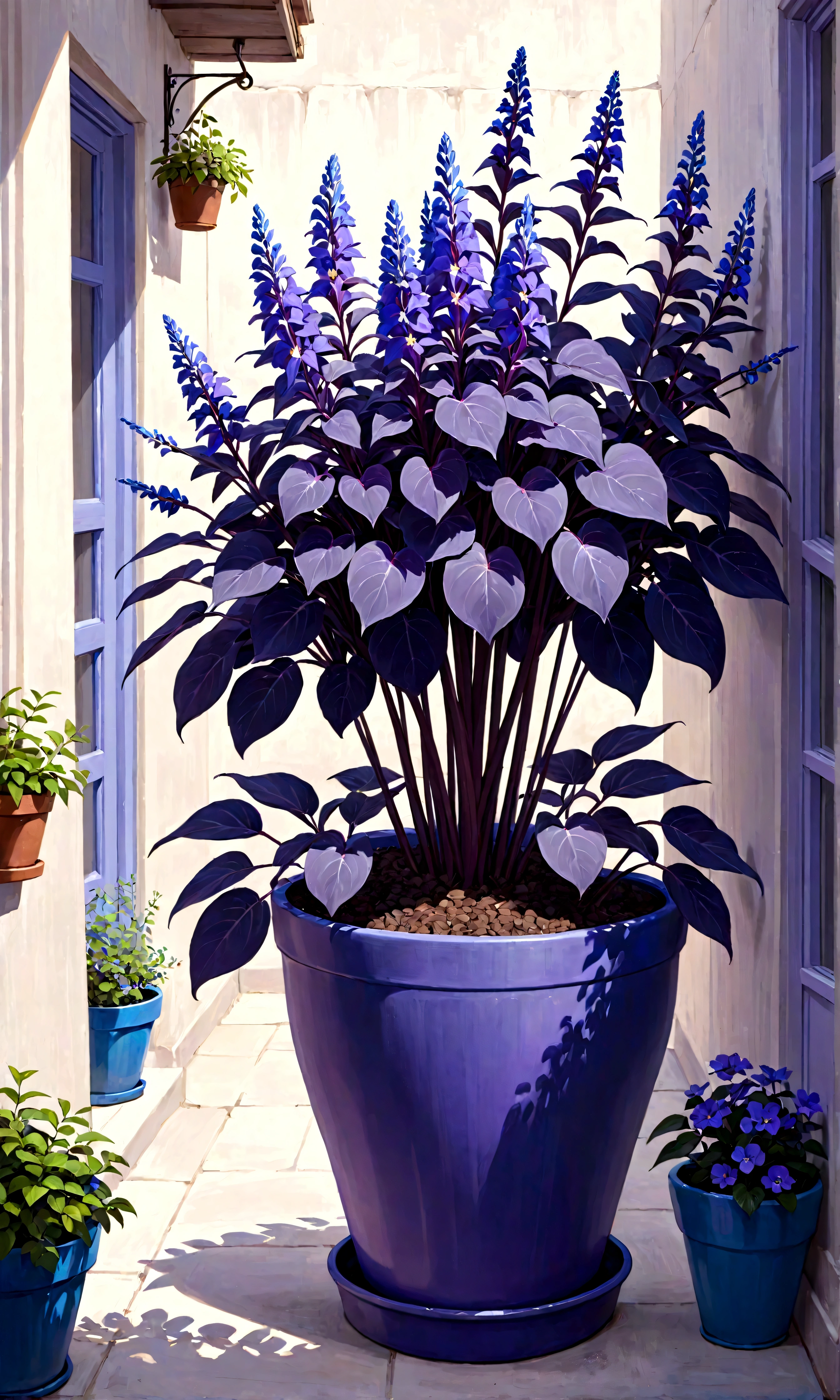 purple flowers in a pot on a patio with a blue planter, a pastel by Ann Thetis Blacker, tumblr, sōsaku made, purple foliage, blue and purple plants, dark purple tones, some purple, cobalt coloration, violet, dark purple, purple, purples, purple hues, violet polsangi, second colours - purple