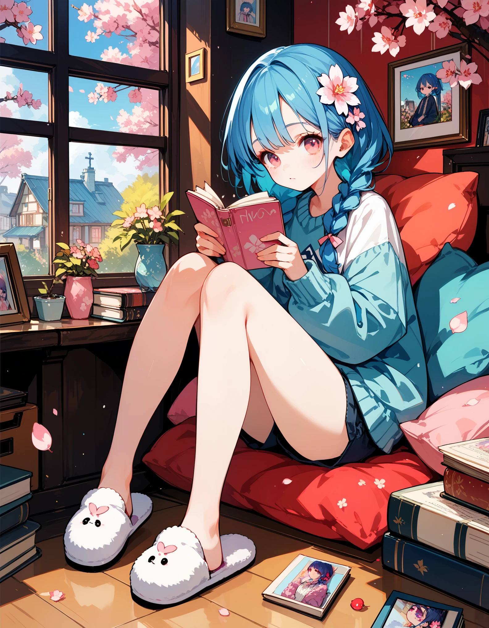 score_9, score_8_up, score_7_up, score_6_up, score_5_up,1girl,solo,sitting,photo_\(object\),windows,book,box,pillow,twin braids,blue hair,pink eyes,hair flower,shirt,sweater,fur slippers,falling petals,tippet, cherry blossoms,