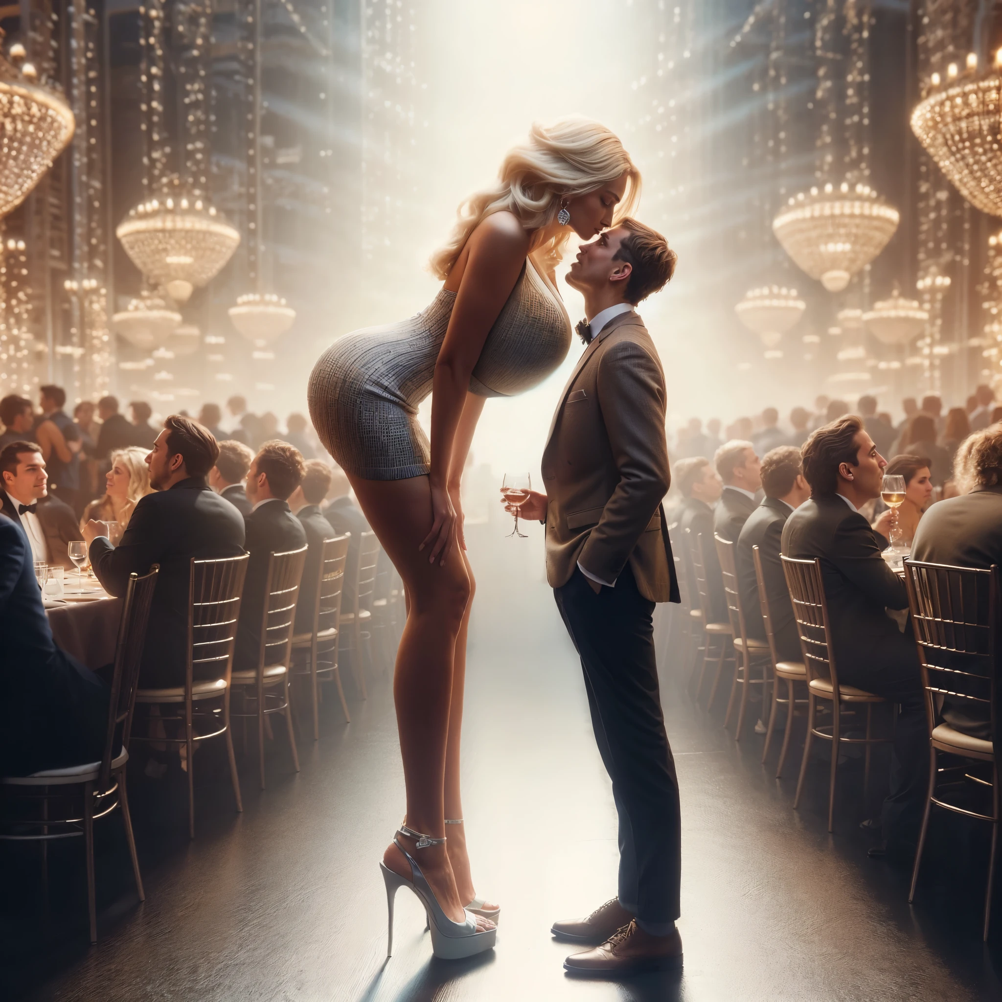 side view, plain dress, bending forward, (big giant enormous oversized massive huge colossal breasts:1.5), (gigantic sagging breasts:1.5), symmetric breasts, (extremely very long full big hair with waves)