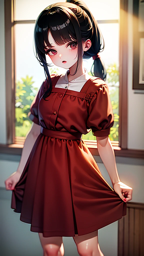 adulto, Cabello negro ondulado, mirada penetrante con ojos profundos de color rojo, estatura promedio, Silky hair with a ponytail hairstyle collected with a red bow with two white lines, tiene pechos medianos, primer plano, session, standing in the middle of his room [[[Risa malvada]]] , Sonrojada, muslos grandes, maid, sirvienta  