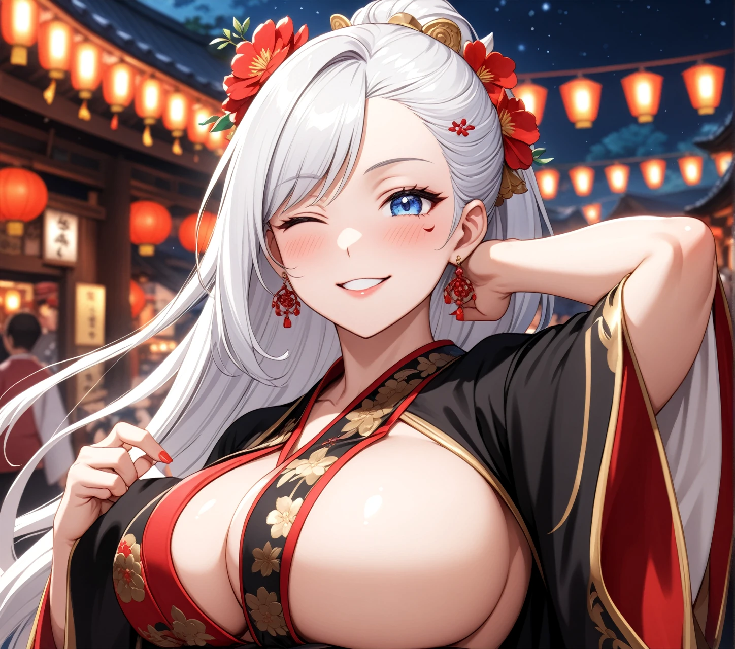 ((one personの女性)), Beautiful Face,Laugh shyly,((Wink:2.0)),Laughing with your mouth open,turn bright red,Glossy pink lips,night,Shrine festival stalls,((Anime style background)),masterpiece, highest quality, so beautiful, up to date, Complex details, (Pink long nails),AI-generated, Complex,High resolution, highest quality, super high quality,3D Images、View your audience、3D Images,one person,Long white hair,High Ponytail,blue eyes,Anime woman posing for a photo, [[Fine grain、Colorful eyes、Shining Eyes:1.15]],(Squint your eyes:1.1),a hyperRealistic , hyperRealistic , Realistic,Long haired white haired anime woman, Smooth anime CG art, A woman in a colorful kimono with gold embroidery, (Black kimono),Red floral pattern,Long flower hair ornament,Big earrings,(Big Breasts:1.1),Mature Body,tall,Big Ass,Fine details,Tight waist,Abdominal muscles,(Face close-up:1.5),Tilt your face,Give a hand