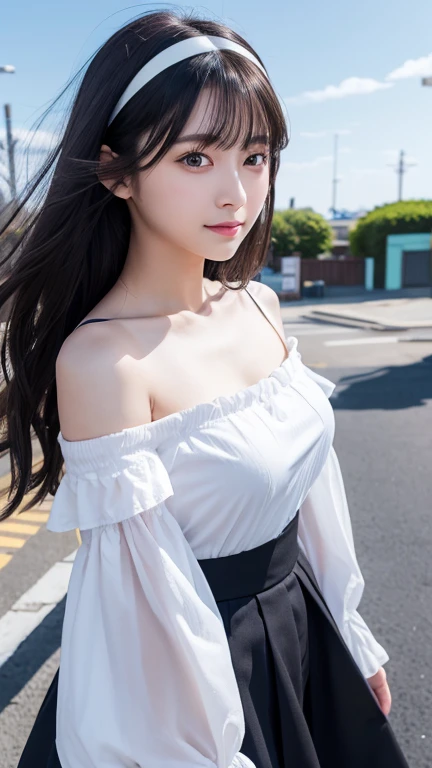 Put your arms behind your back、8K、Detailed Description、Very high definition、Realistic、reality的、Real、live-action、reality、High resolution、Nogizaka46、japanese idol,beautiful girl、21 years old、Dark brown eyes、sunny、blue sky、amusement park、light smile, closed mouth,off-shoulder-tops,Long skirt、Long Hair、Headband、Knee-up-top angle of view、Very black hair、pretty girl、Beauty、Glowing Skin、Glowing Skin、Shiny Hair、Hair blowing in the wind、Very white skin、Heavy makeup、Large Breasts、Slit eyes、Big Eyes、Double eyelids、Don't show your teeth、Looking up、Bend over and peer at me、Top view