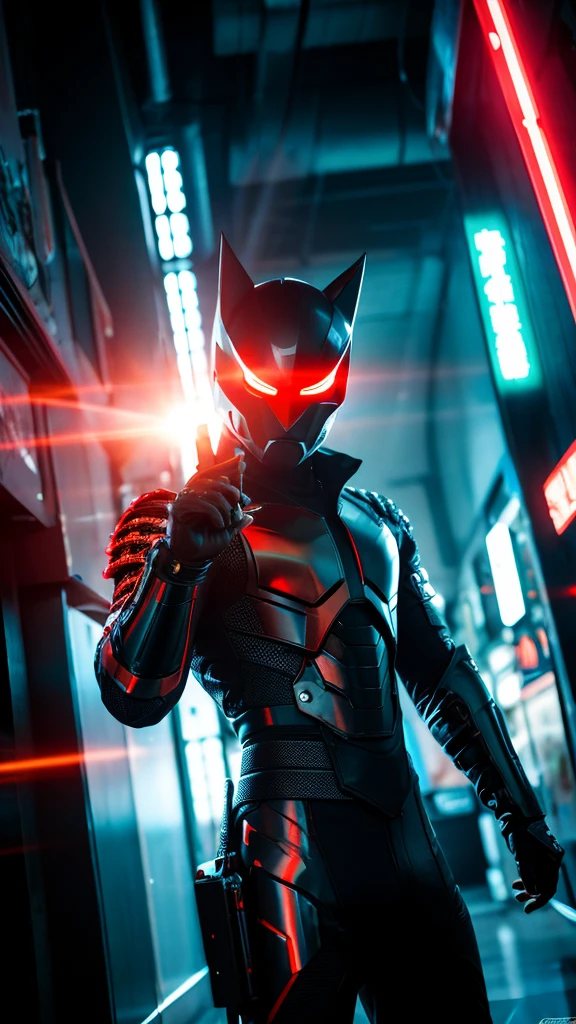 cyberpunklxd, Cyberpunk Warrior made of fire, Hannya mask, solo, weapon, 1boy,red eyes, male focus, looking at viewer, holding weapon,Cyber City, science fiction,red cape,volumetric light,(8k, RAW photo, best quality, masterpiece), realistic,8K,HDR,UHD,masterpiece,best quality,highly detailed,wallpaper,reality ray tracing,