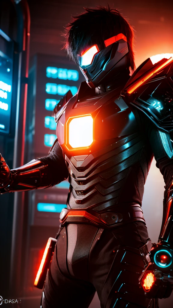 cyberpunklxd, Cyberpunk Warrior made of fire, Hannya mask, solo, weapon, 1boy,red eyes, male focus, looking at viewer, holding weapon,Cyber City, science fiction,red cape,volumetric light,(8k, RAW photo, best quality, masterpiece), realistic,8K,HDR,UHD,masterpiece,best quality,highly detailed,wallpaper,reality ray tracing,