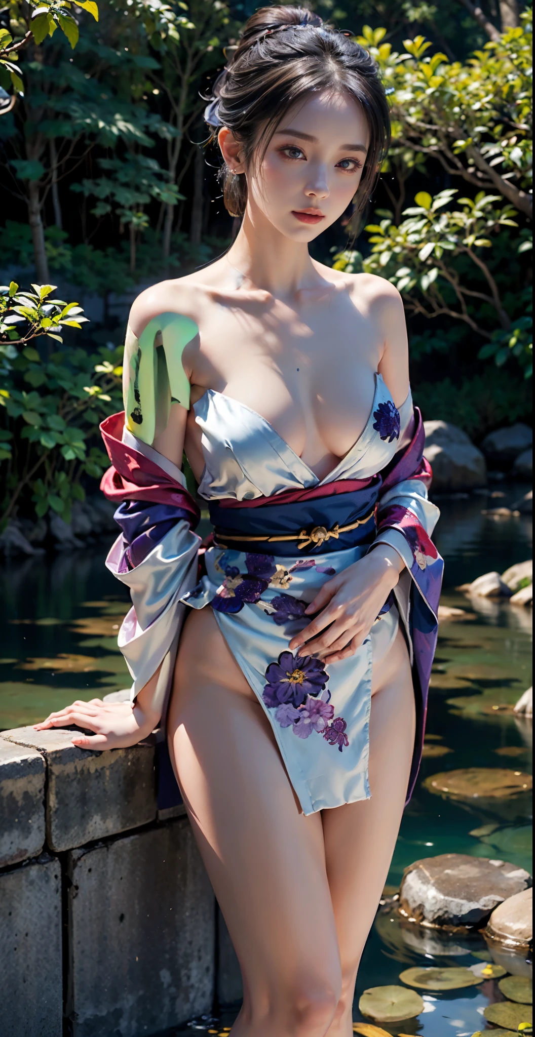 pond, feudal Japanese architecture, female, woman, sensual, erotic, looking at viewer, romantic, loving, affectionate, facing viewer, colorful, long hair, (hair up in perfect bun:1.3), (asian:1.3), twilight blue, sparkling silver, galaxy purple, black velvet, cherry blossom park, sakura trees, pink petals, outdoors, standing, (covering breasts:1.4), (hand on breast:1.3), (sunset, dusk:1.25), (silk kimono robe:1.5), (sash:1.3), (bare shoulders:1.4), (strapless:1.3), (delicate embroidery:1.1), elegant, draped, (revealing:0.8), (art by Noah Bradley:1.4), (hand on own chest:1.3), (adult:1.4), , slim waist, small breasts, fcHeatPortrait, (medium shot:1.3), lewd, risque, skimpy, scantily clad, cleavage, (grabbing own breast:1.3), (masterpiece:1.2), subsurface scattering, heavy shadow, (high quality:1.4), golden ratio, (intricate, high detail:1.2),Beautiful nipples,Artistic appearance,Beautiful nipples,