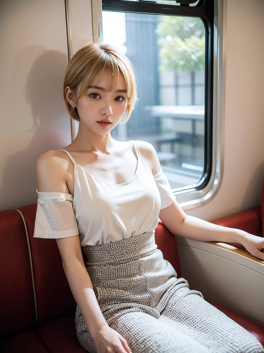 The Japanese girl, at the age of eighteen, sat gracefully on the train seat, her short blonde hair framed her pretty face with bangs parted to the side. Her brown eyes sparkled with life as she looked out of the window, her perfect figure accentuated by the transparency