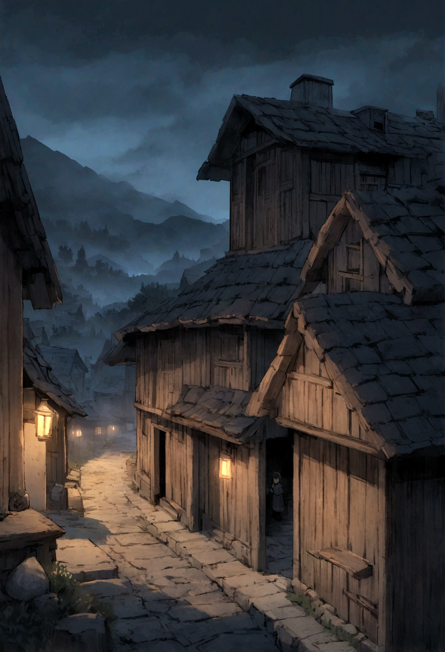 Poor mountain village street, Villagers, old house, Very detailed, night, gloomy, scary, Overlooking