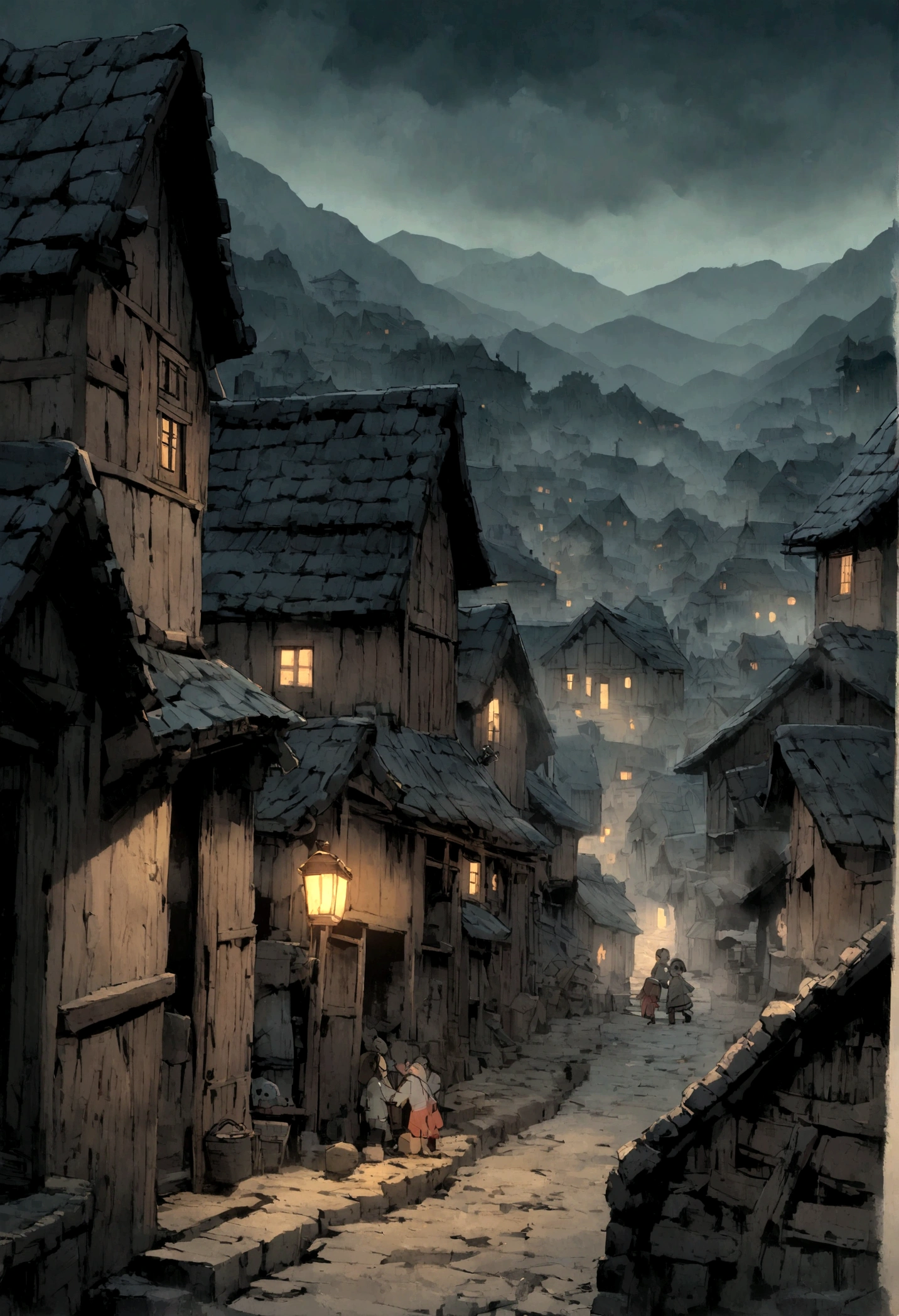 Poor mountain village street, Villagers, old house, Very detailed, night, gloomy, scary, Overlooking