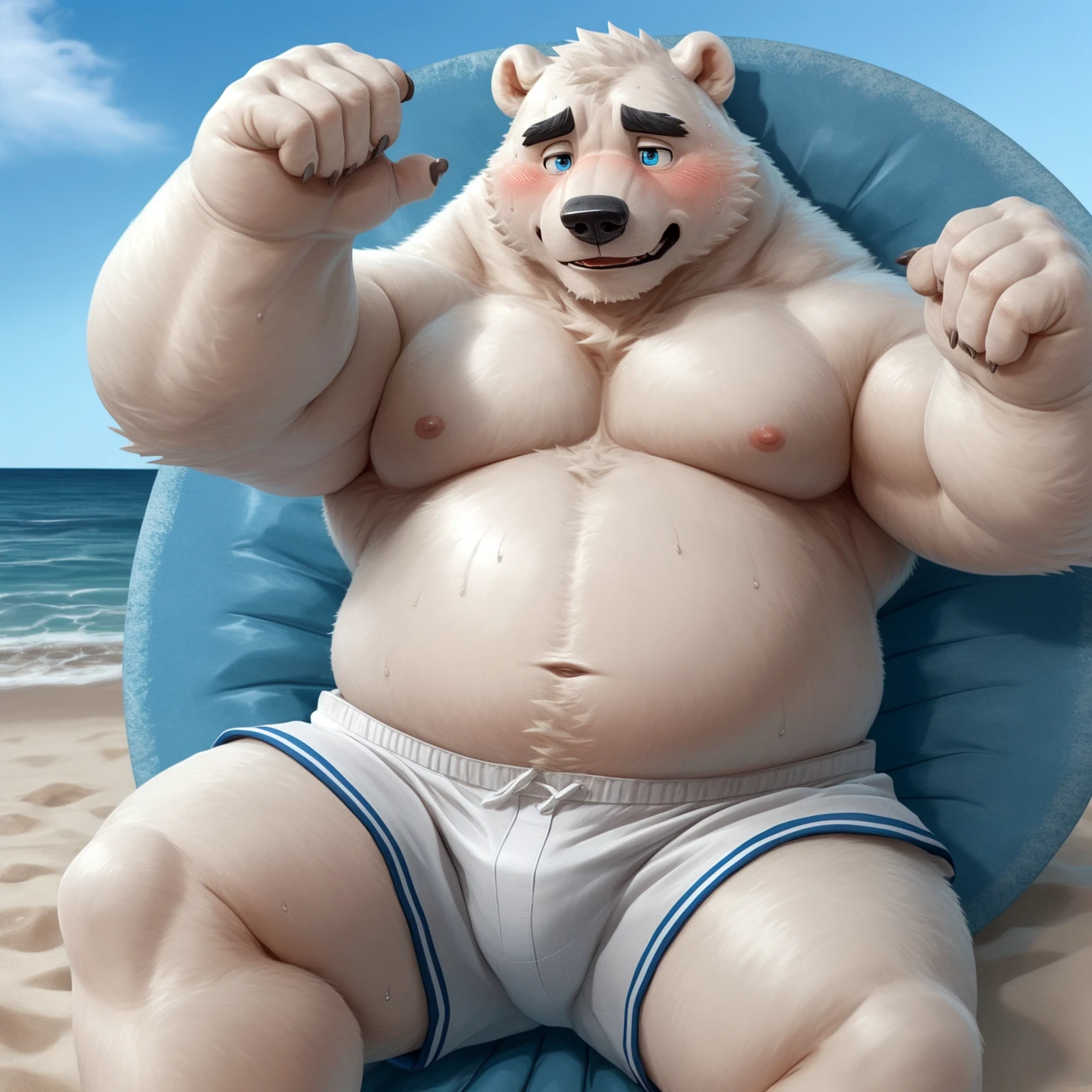 New Jersey 5 Furry，polar bear，Exquisite，topless，White shorts，Beach，躺在Beach上，sweat, show foot, foot, The look. blush.  foot,Solitary，Chubby，Fat，Thick arms，Rugged muscles，White plush fur，Chubby脸，Black eyebrows，Sky blue eyes，Beard，high resolution, top quality, best quality, Lying in bed，鼓包的White shorts，sweat, show foot, foot, The look. blush.  foot