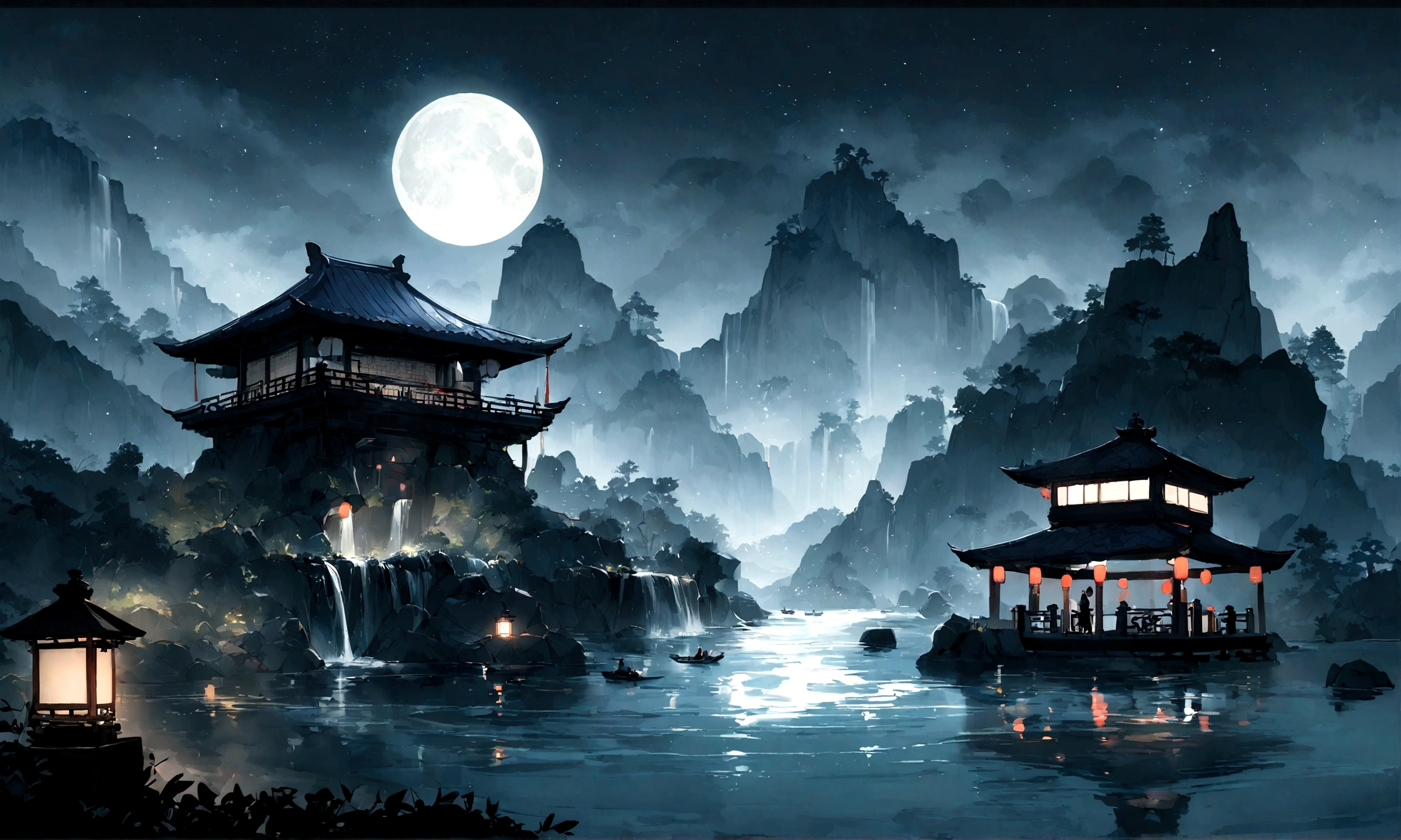 tmasterpiece, best qualityer, Chinese martial arts style, Asian night view with lanterns and water lilies, The Asian lagoon has many lanterns and boats at night，There are a lot of lights and boats on the water, Lake surface, lotuses, beautiful night scene, (( (Chinese martial arts style))), with vast sky, Continuous mountains and steep cliffs, ink wash style, outline light, Atmospheric atmosphere, depth of fields, mist rising, Bamboo, pines, Octagonal stone pavilion, waterfall flowing water, large full moon, (No color), single body, Light shades,