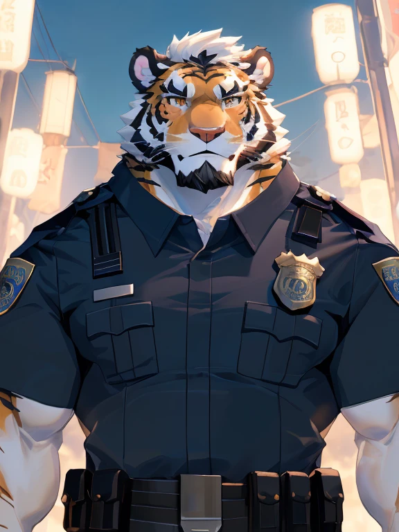 (White skintiger),(上Half Body赤膊:1.7),(Police clothes:1.4),(great gesture),Stand calmly,(Background is street lights:1.5),(abdominal muscles),Heroic飒爽,完美的masterpiece,Various facial details,Close-up view,specific description,masterpiece,(CG),(Golden Eyes),black and white pattern,Black and white tail,General,Heroic,tiger,Black and white fur，Specific facial details,Half Body,(黑白阴阳General战履),(Chang Ling),((middle aged)),(Face focus),(16K),(HD),Black and white belly，temple，beard,(Facial lines),(Different students,),(Black and white hair),(Strong:1.2),(muscle:1.3),(high resolution:1.3),(close up),(Delicate face:1.5)，Perfect details,(Half Body),(Detailed depiction of face:1.5),(Zoom in on the face:1.5),(白色Facial lines:1.2),(黑色beard:1.3),(white face:1.6),(White body),(White skin,black bars:1.3),(Fair cheeks:1.5),(Facial complexion is white:1.3),CG,(The smell of quackery:1.3),(:1.5),(Practical)