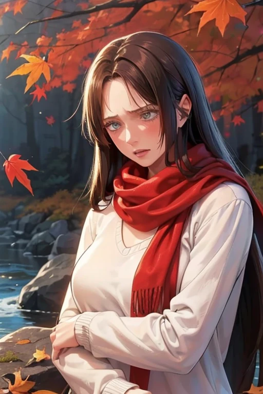 (masterpiece), best quality, ultra-detailed, illustration, warm lighting, soft lighting, bright colors, 1 girl, solo,( beautiful girl, long hair, blue eyes, ribbon, brown hair, hair between eyes, hair ribbon, sidelocks, very long hair, messy hair,) , autumn, many maple tree, maple leaves, golden leaves, fall foliage, Dried leaves, river, crisp air, peace, cool breeze , sweater weather,( wear white or brown sweater, red scarf, Moody fall, Wistful, Melancholy, sad ,worried, Longing,)