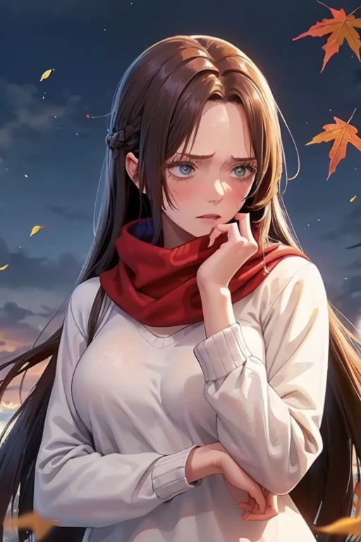 (masterpiece), best quality, ultra-detailed, illustration, warm lighting, soft lighting, bright colors, 1 girl, solo,( beautiful girl, long hair, blue eyes, ribbon, brown hair, hair between eyes, hair ribbon, sidelocks, very long hair, messy hair,) , autumn, many maple tree, maple leaves, golden leaves, fall foliage, Dried leaves, river,  crisp air,  peace, cool breeze , sweater weather,( wear white or brown sweater, red scarf, Moody fall, Wistful, Melancholy, sad ,worried, Longing,)