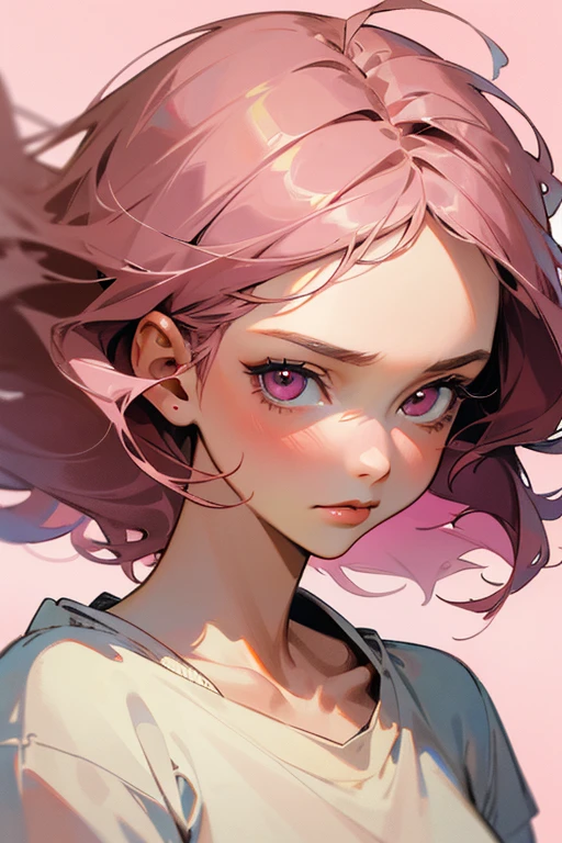 (masterpiece),(highest quality:1.1),(Super detailed),Best illustrations,In detail,(Portraiture:1.1),(Intense close-up),Watercolor)floating,One girl,alone,13 years old,slim,(Very delicate and beautiful face),(fine pink eyes),Pink thick lips,(Disheveled Hair),(Wearing a loose T-shirt),Soft and lazy,(Simple Background:1.2)Overall colored background,clear,4K