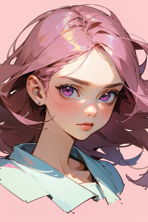 (masterpiece),(highest quality:1.1),(Super detailed),Best illustrations,In detail,(Portraiture:1.1),(Intense close-up),Watercolor)floating,One girl,alone,13 years old,slim,(Very delicate and beautiful face),(fine pink eyes),Pink thick lips,(Disheveled Hair),(Wearing a loose T-shirt),Soft and lazy,(Simple Background:1.2)Overall colored background,clear,4K