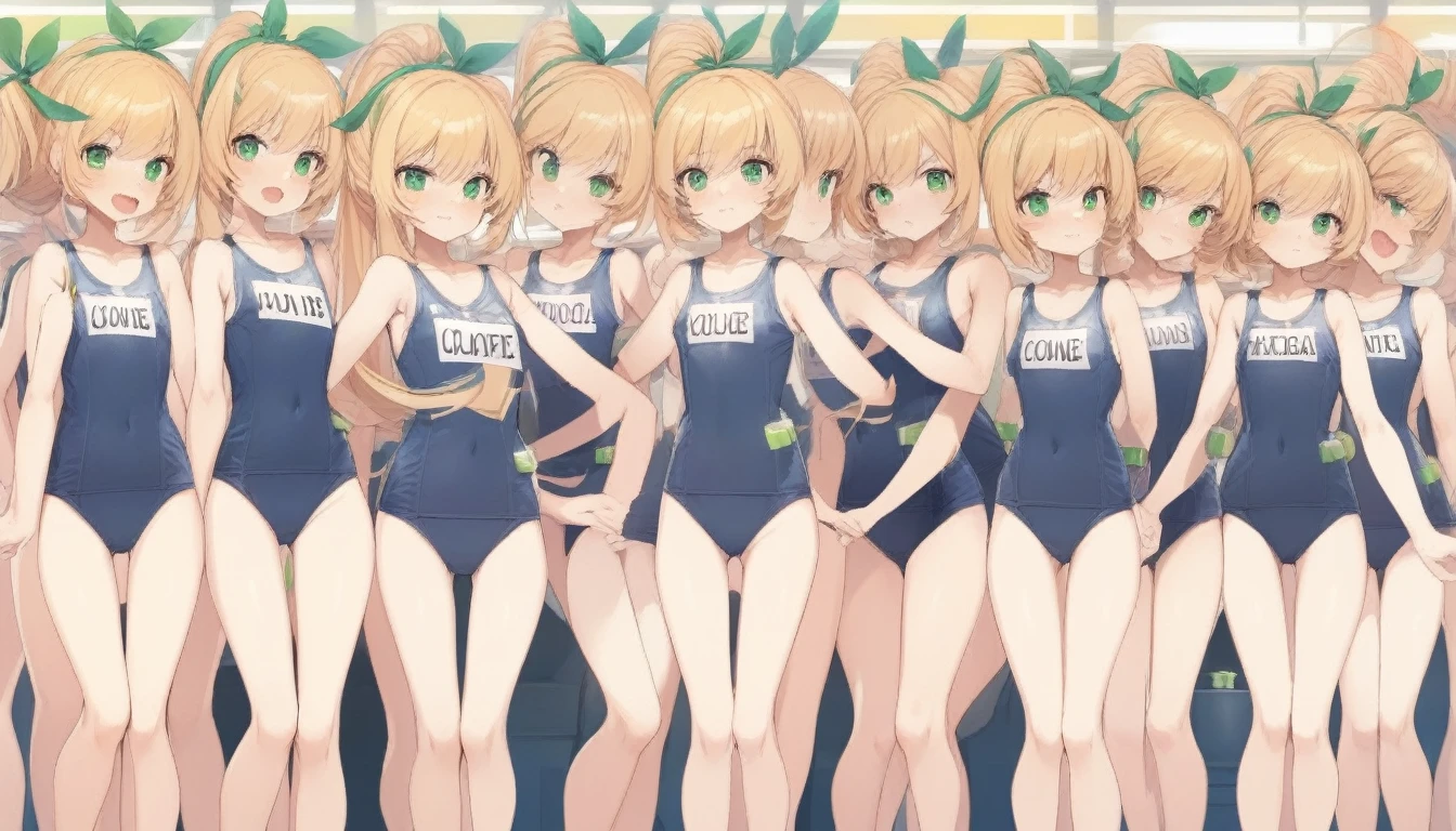 Short stature,flat chest, clone girls, blond hair, green eyes,swimsuit roll(mega man x dive old design) clones,high ponytail hair,Sleeveless navy one piece school swimsuit with white stripes from armpit to flank,white name tag, navy heeled sandals, green ribbon,human appearance,same height,same appearance, same face,fill the entire image, absolutely everyone, many clone, masterpiece, best quality,insanely detailed, 20000+ clone girls, perfect features,multiple clone girls,same school swimsuit,same hair