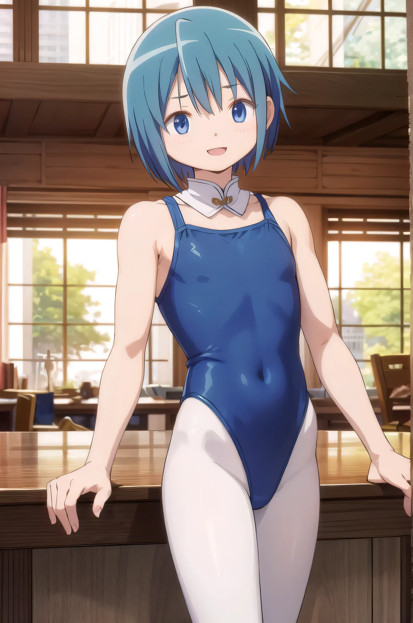 Anime Boys、solo、masterpiece、highest quality、High resolution、(((leotard)))、Sayaka Miki as a boy、Blue Eyes、They say、Blue Hair、short hair、Bobcut、leotard top with an tank top、leotard bottom with an high leg、((Blue leotard))、slim、((White Pantyhose))、looking at viewer、Cowboy Shot、Male focus、blush、 smile、:d、Open your mouth、Indoors、window、handsome atmosphere、masculine atmosphere、(male body:1.3)、leotard and pantyhose only、