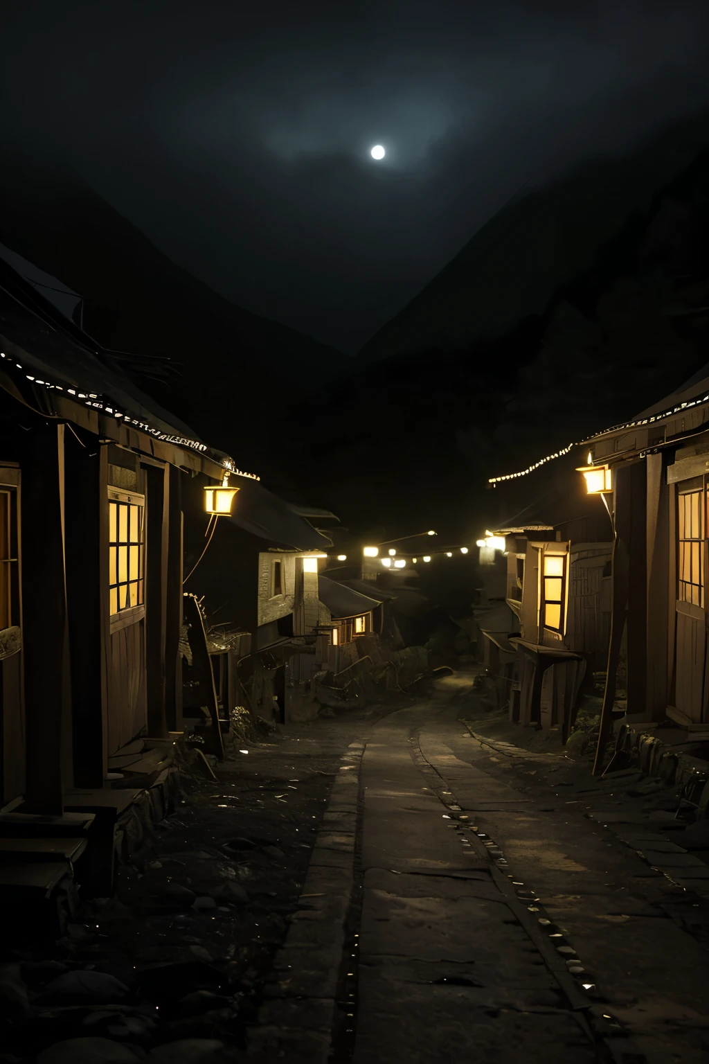 Poor mountain village street, Villagers, old house, Very detailed, night, gloomy, scary, Overlooking